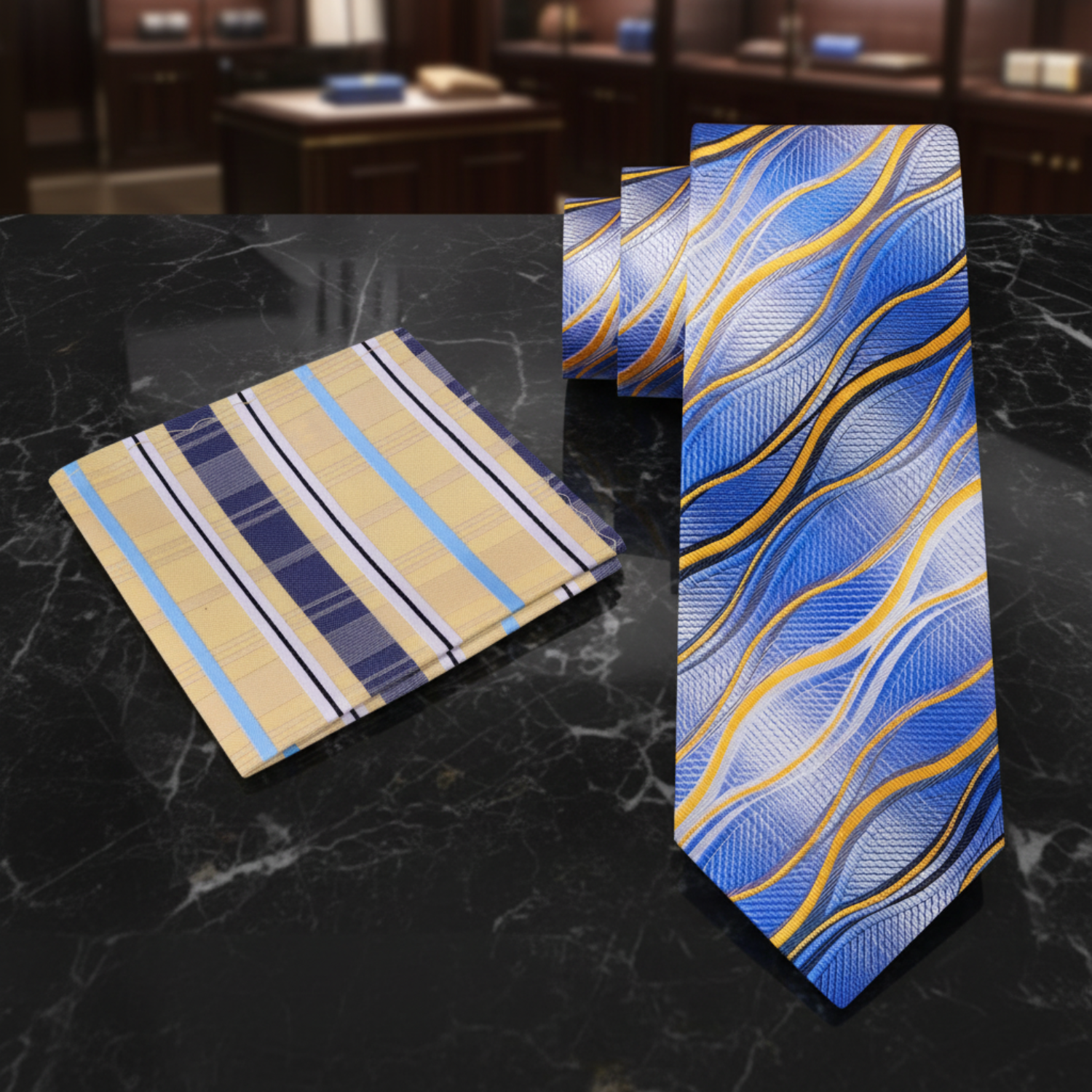 View 2: A Light Blue, Yellow, Black Abstract Wavy Lines Necktie, Accenting Pocket Square