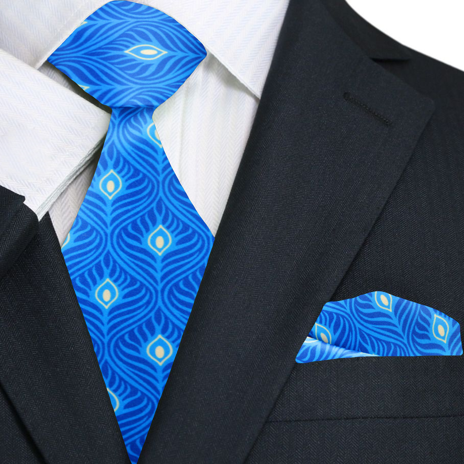 Blue patterned tie and pocket square set on a black suit jacket.
