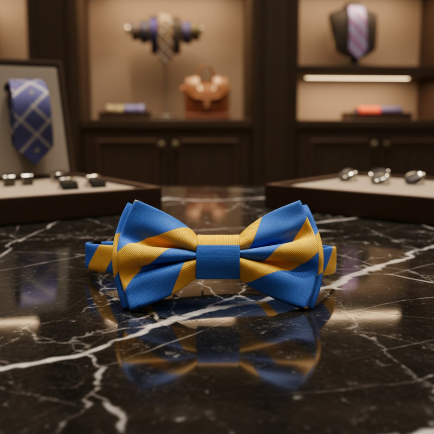 Blue, Yellow Block Stripe Bow Tie Pre Tied