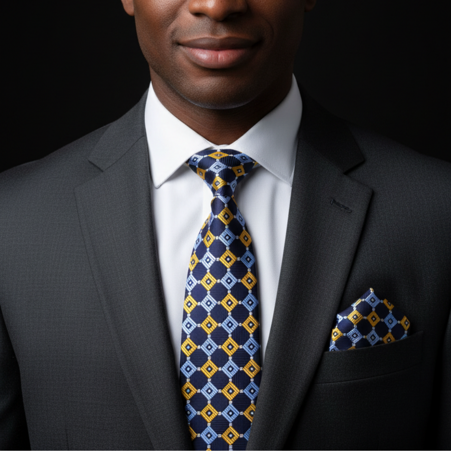 Blue, Yellow Geometric Necktie and Square on man