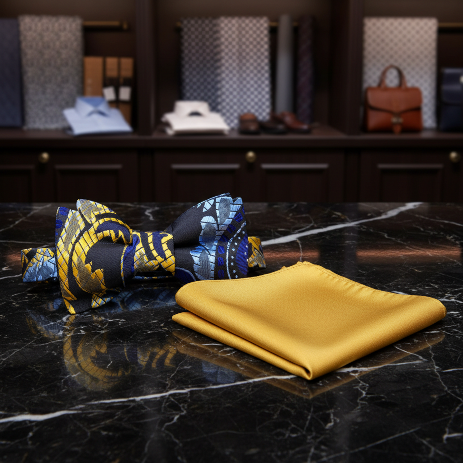 Main View: A Blue, Light Blue, Yellow Paisley Pattern Silk Self Tie Bow Tie, With Bright Yellow Pocket Square