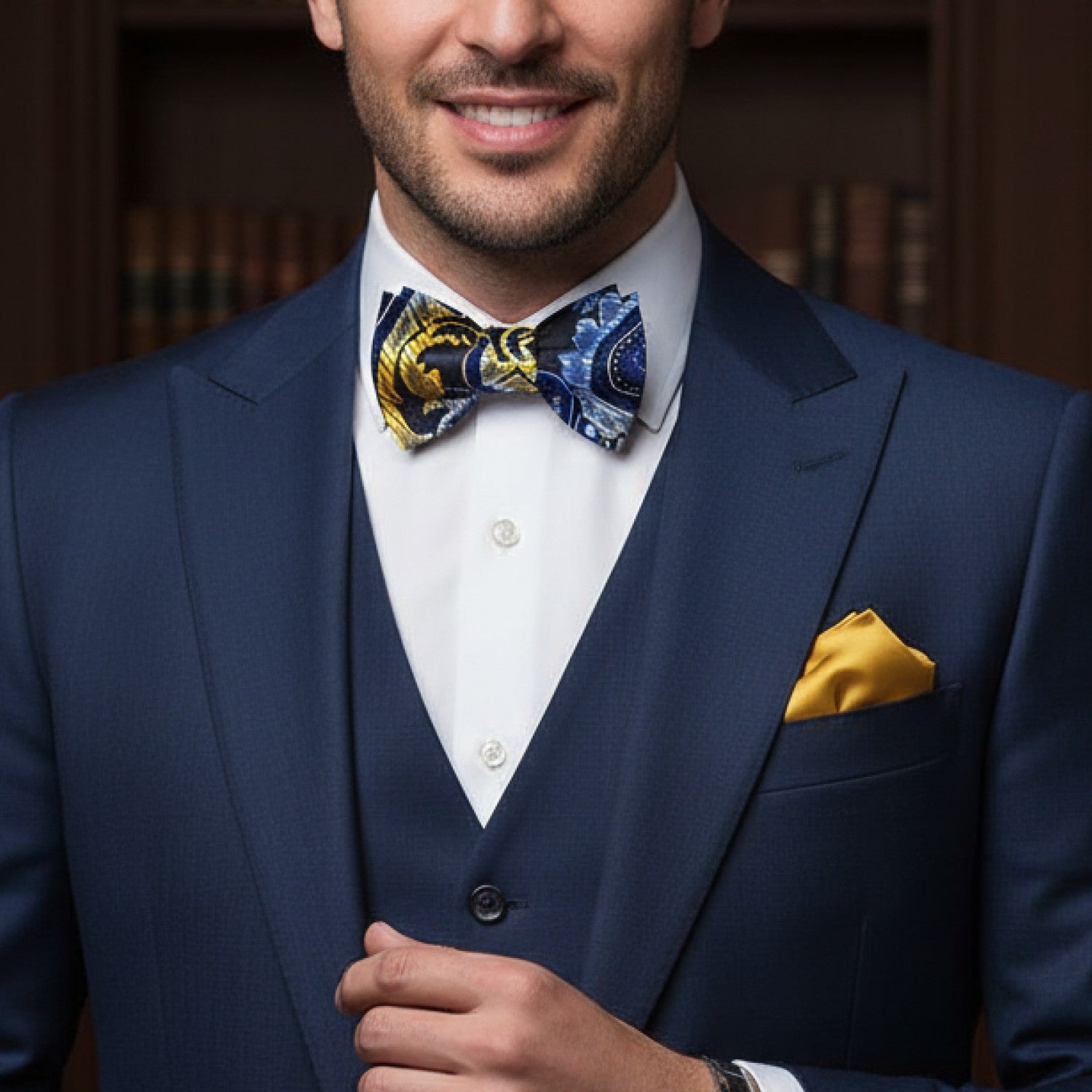 Man wearing a navy suit with a yellow pocket square and patterned bow tie against a blurred background.