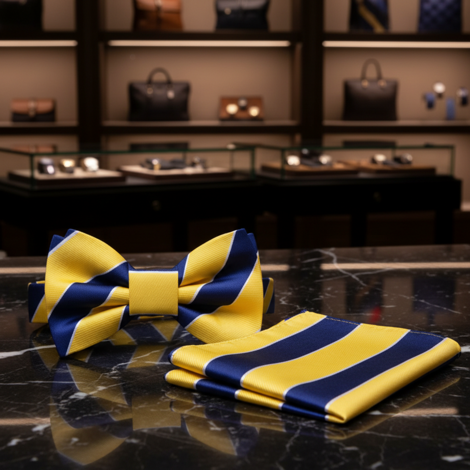 Yellow, Blue Block Stripe Bow Tie and Square