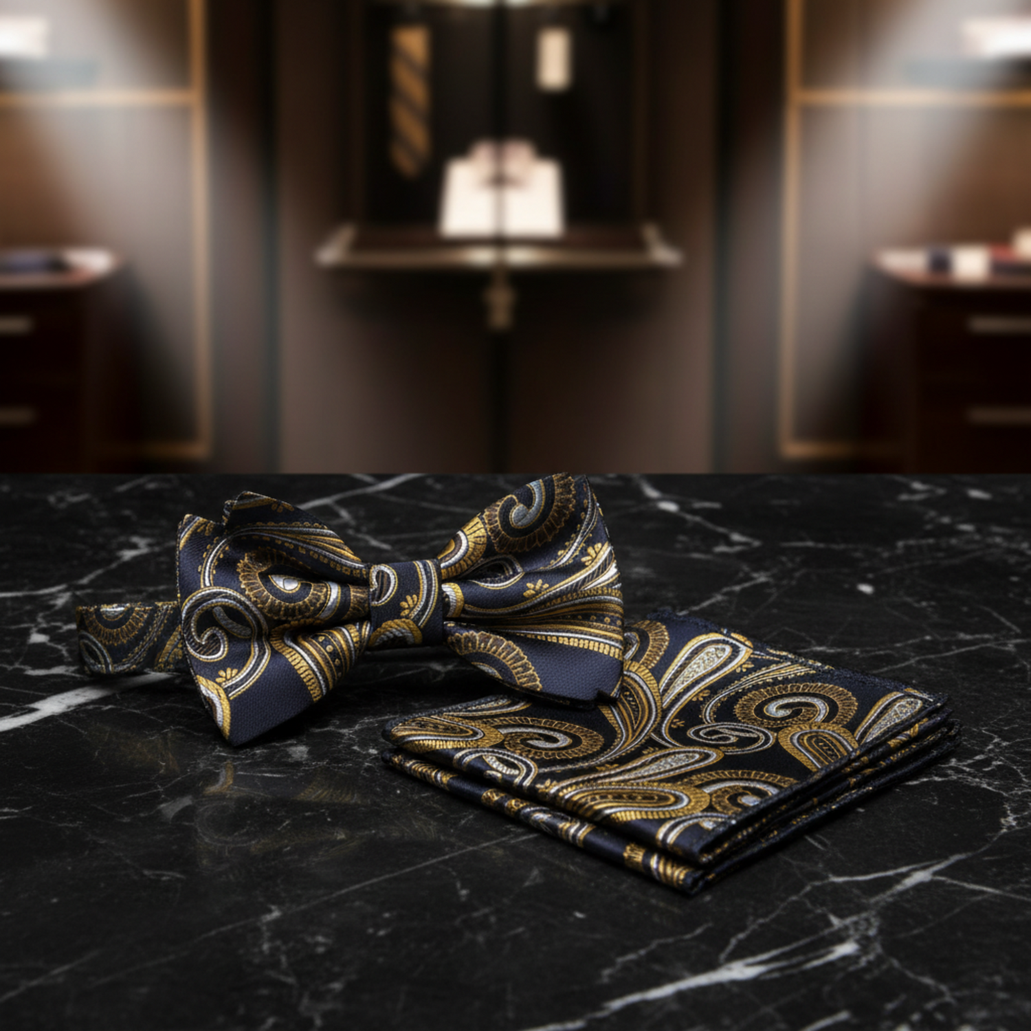 Blue and Gold Paisley Bow Tie Square