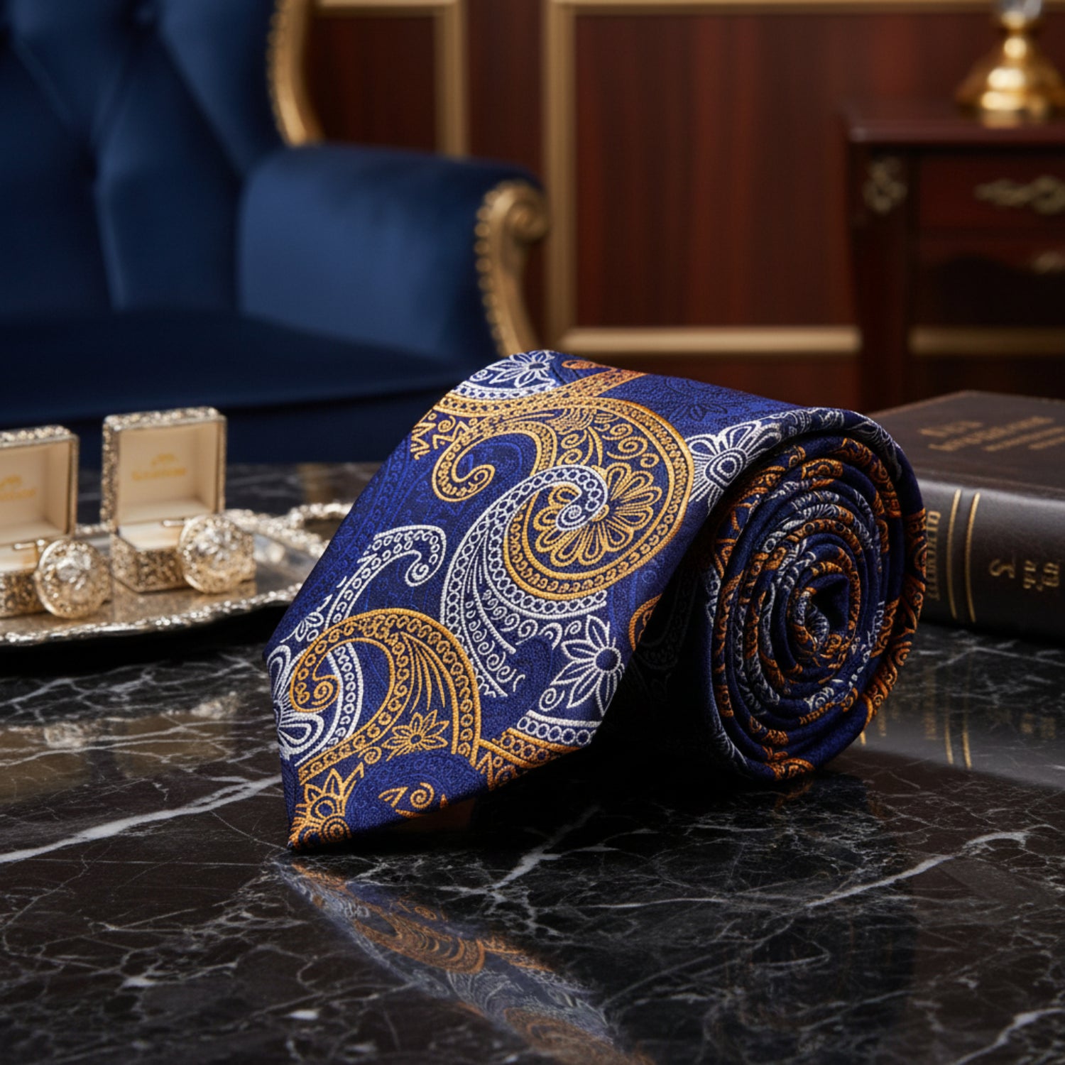 Blue, Yellow Gold, White Paisley Tie  