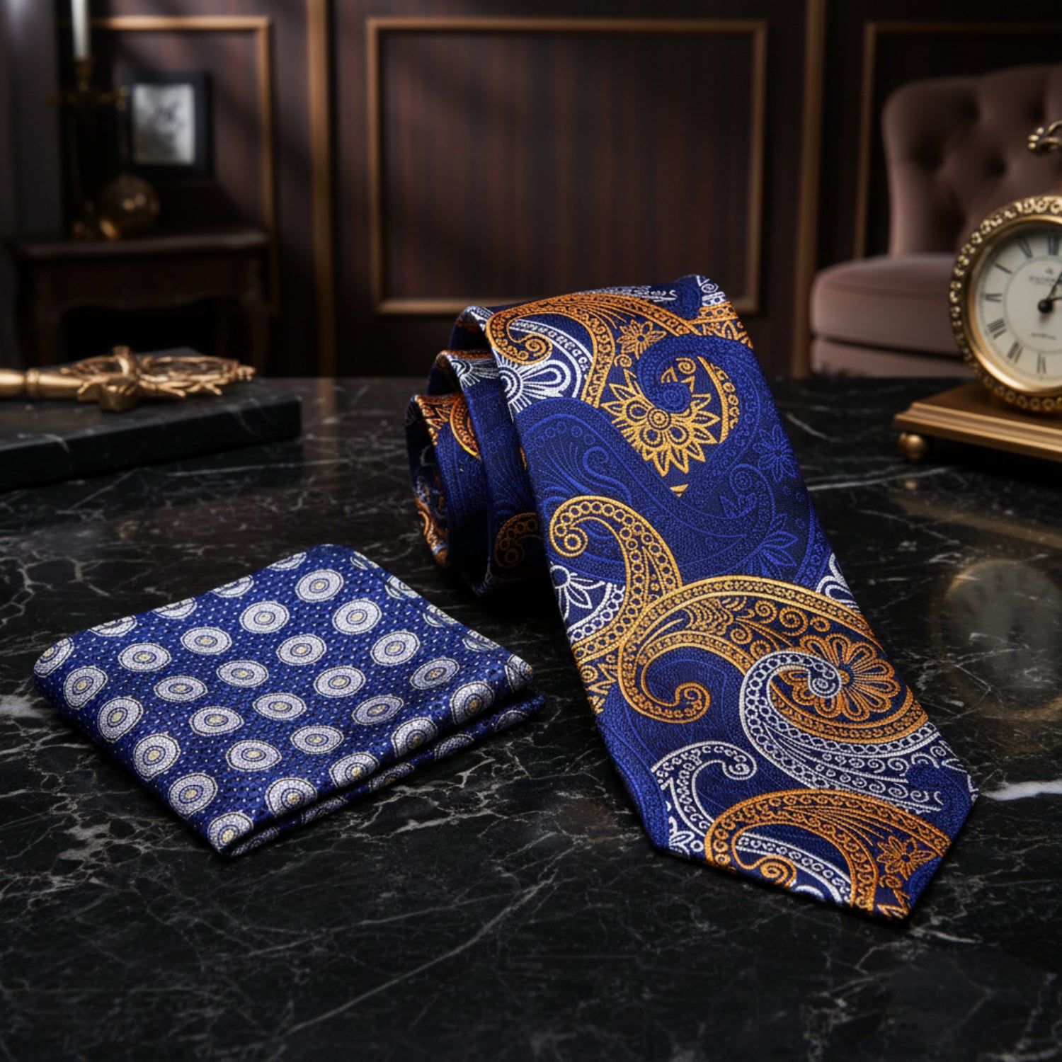 Alt View: Blue, Yellow Gold, White Paisley Tie and Accenting Blue Grey Yellow Geometric Square