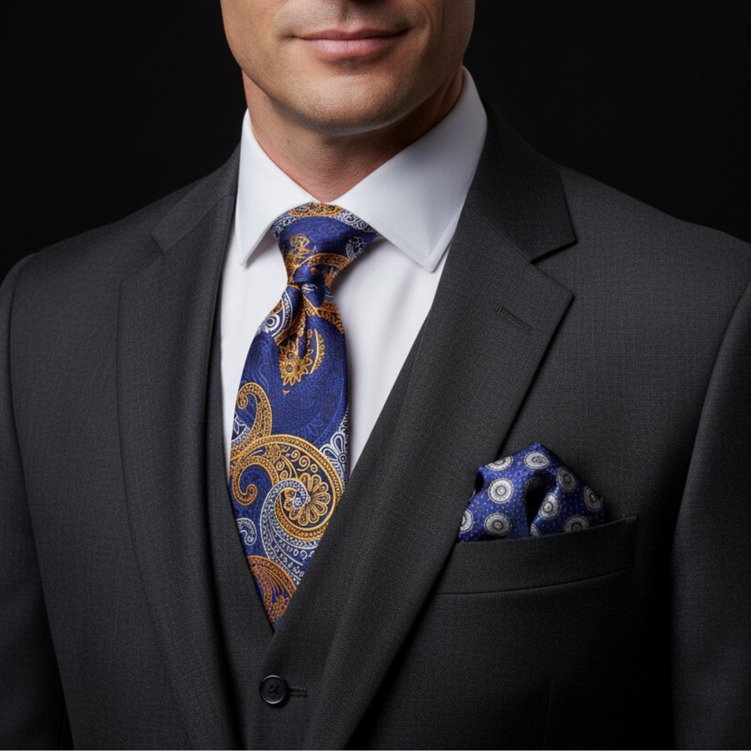 Man wearing a dark gray suit with a blue and gold paisley tie and accenting pocket square.