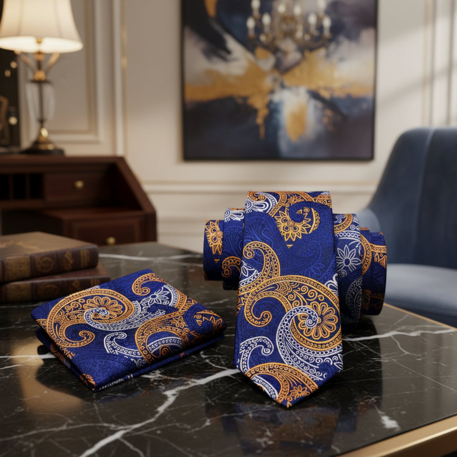 Alt View: Blue, Yellow Gold, White Paisley Tie and Matching Square