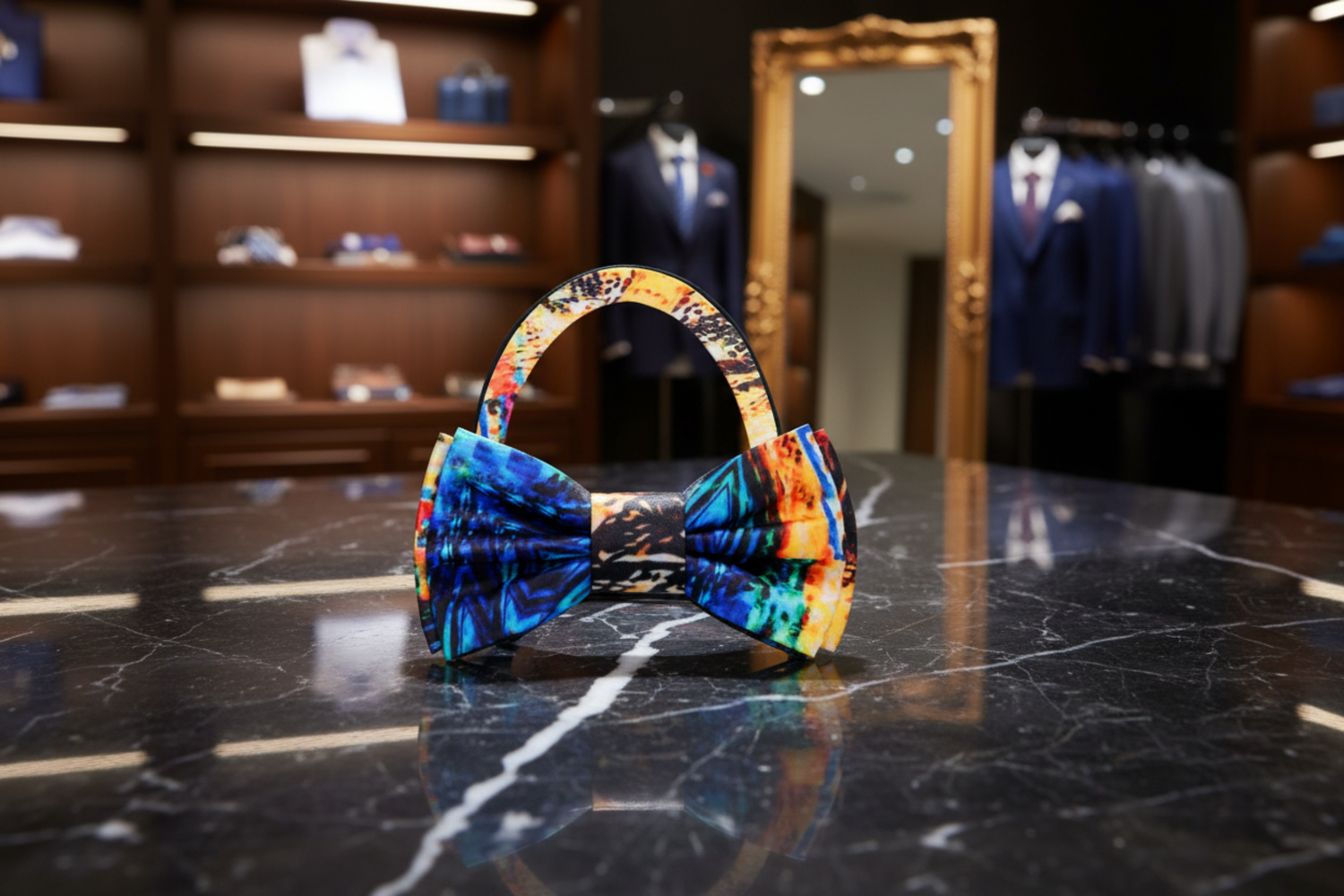 Cream, Blue and Red Abstract Pre Tied Bow tie