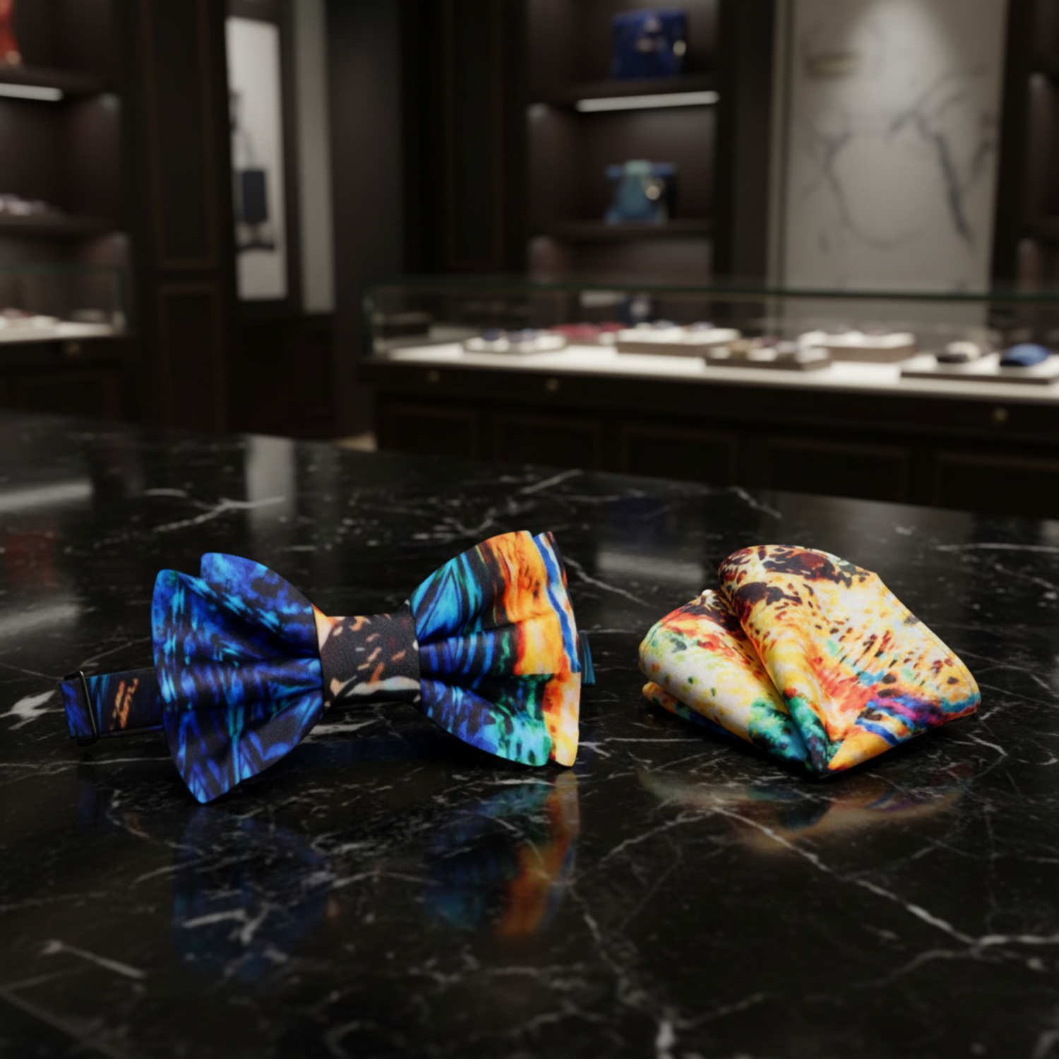 Blue, Orange and Red Abstract Bow Tie and matching square