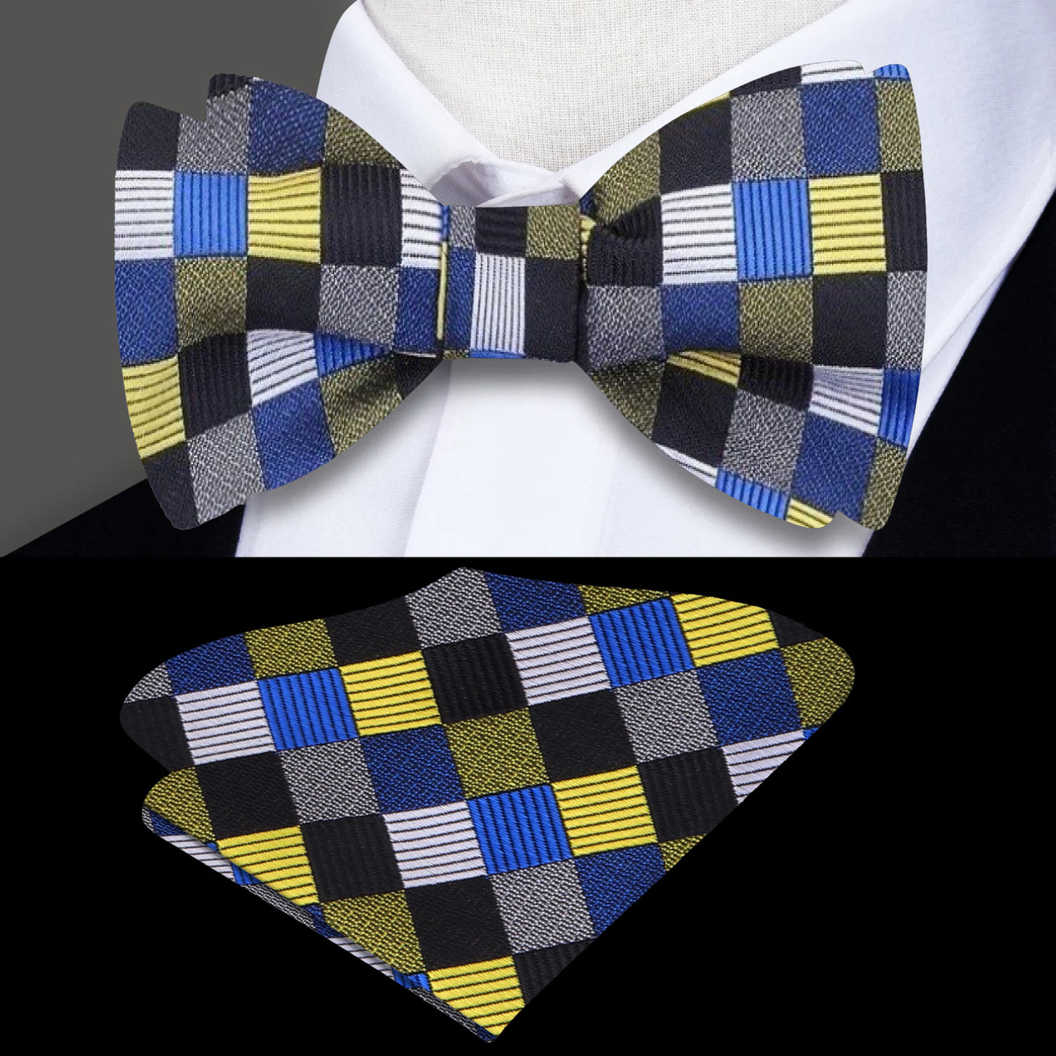 A Blue, Yellow, Grey, Black Geometric Squares Pattern Self Tie Bow Tie, Pocket Square