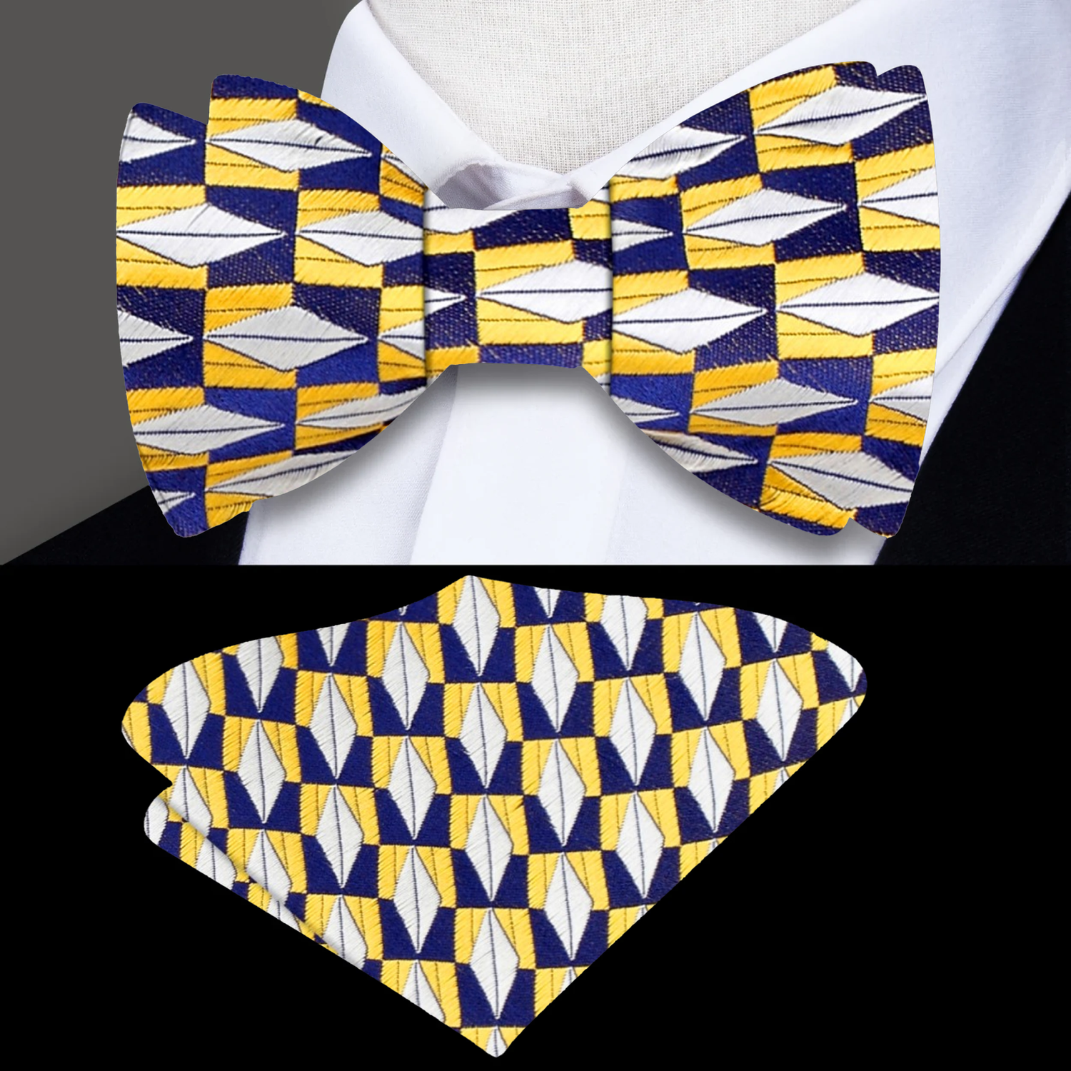 A Yellow, Blue, Grey Geometric Diamonds Pattern Self Tie Bow Tie, Matching Pocket Square