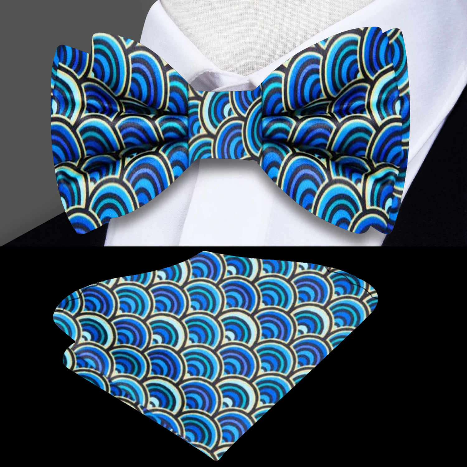 Blue, Light Blue, Green Rainbows Bow Tie and Square