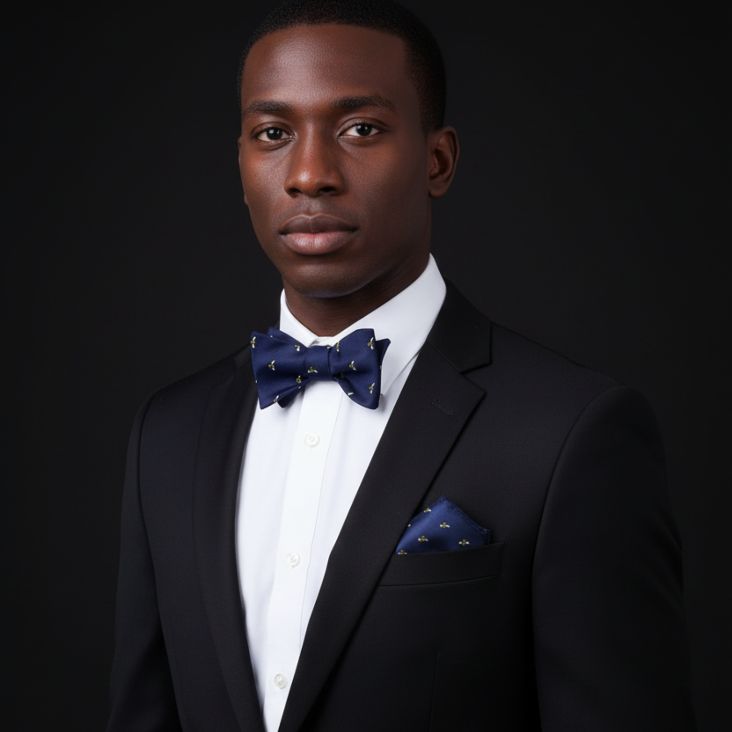 Man wearing a black suit with a blue bow tie and pocket square on a dark background