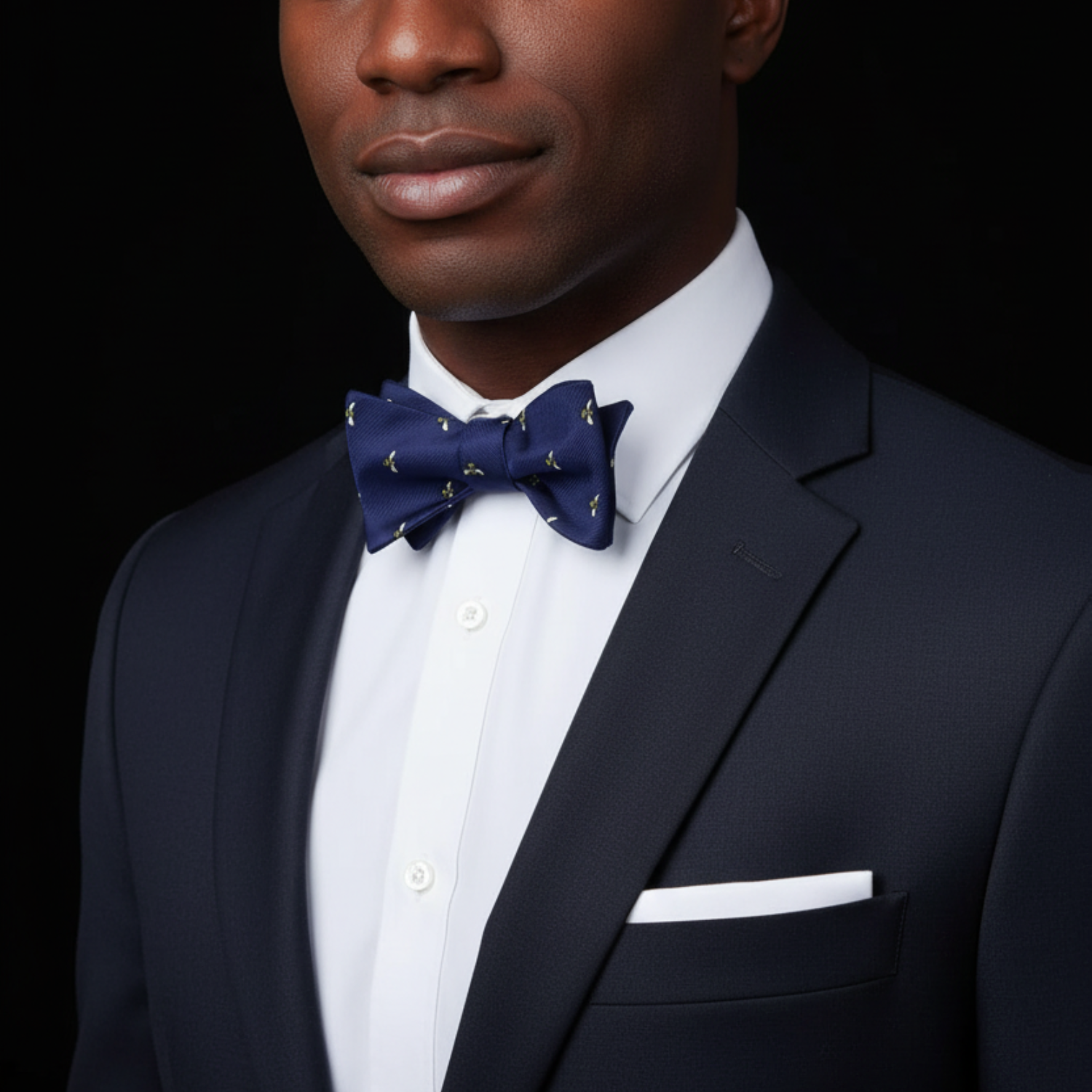 Man wearing blue bees bow tie and white square on suit