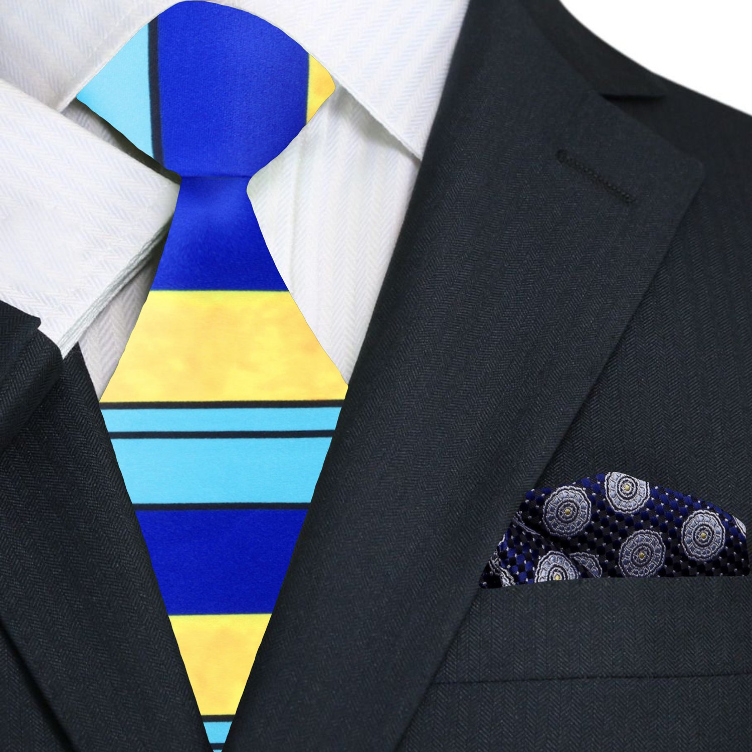 Blue, Light Blue, Yellow Stripe Tie and Accenting Pocket Square