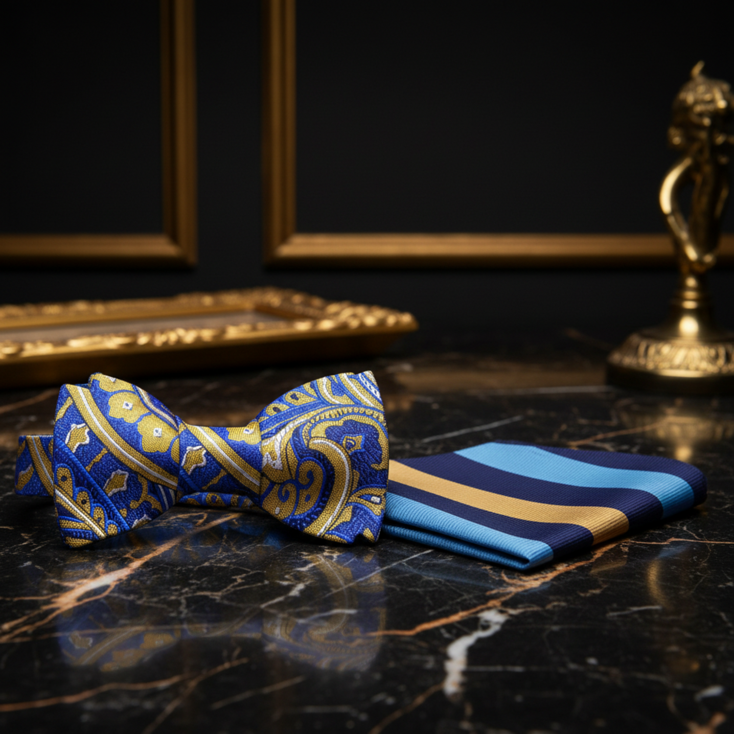 A Blue, Yellow Ornate Paisley Pattern Self Tie Bow Tie, Accenting Stripe Pocket Square