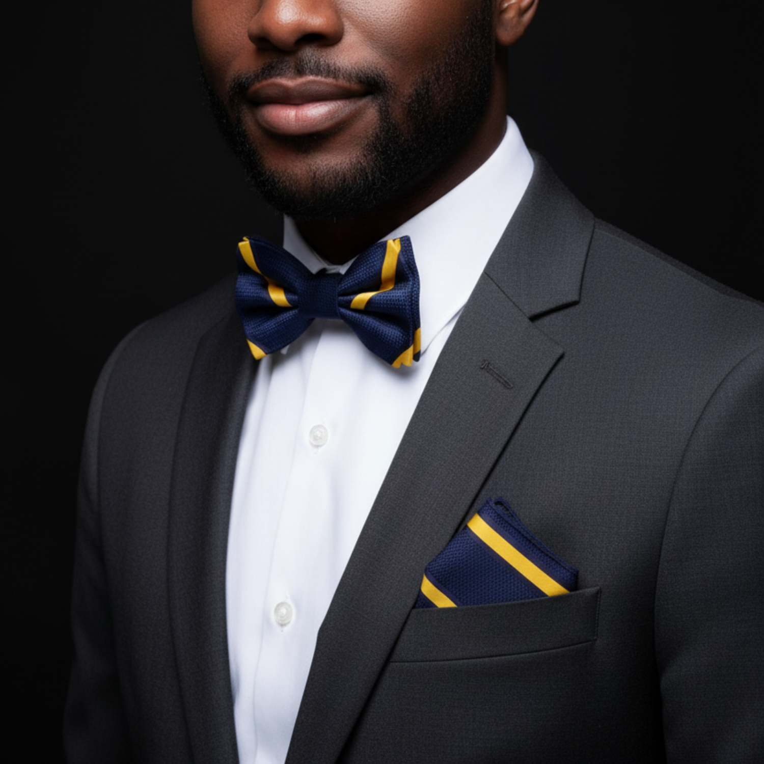 Main View: Blue, Yellow Gold Stripe Bow Tie and Pocket Square