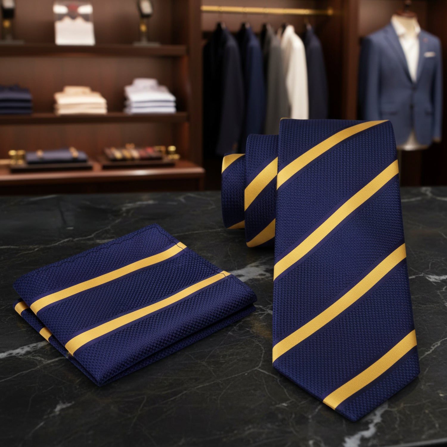 View 2: Blue and Yellow Stripe Necktie and Square
