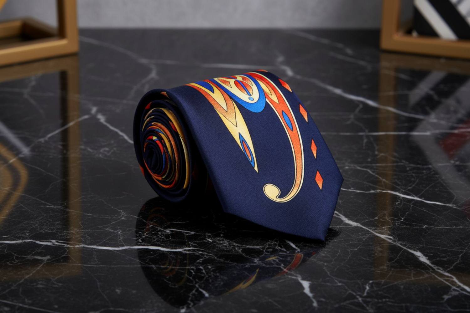 Dark Blue, Red, Orange and Yellow Paisley Tie
