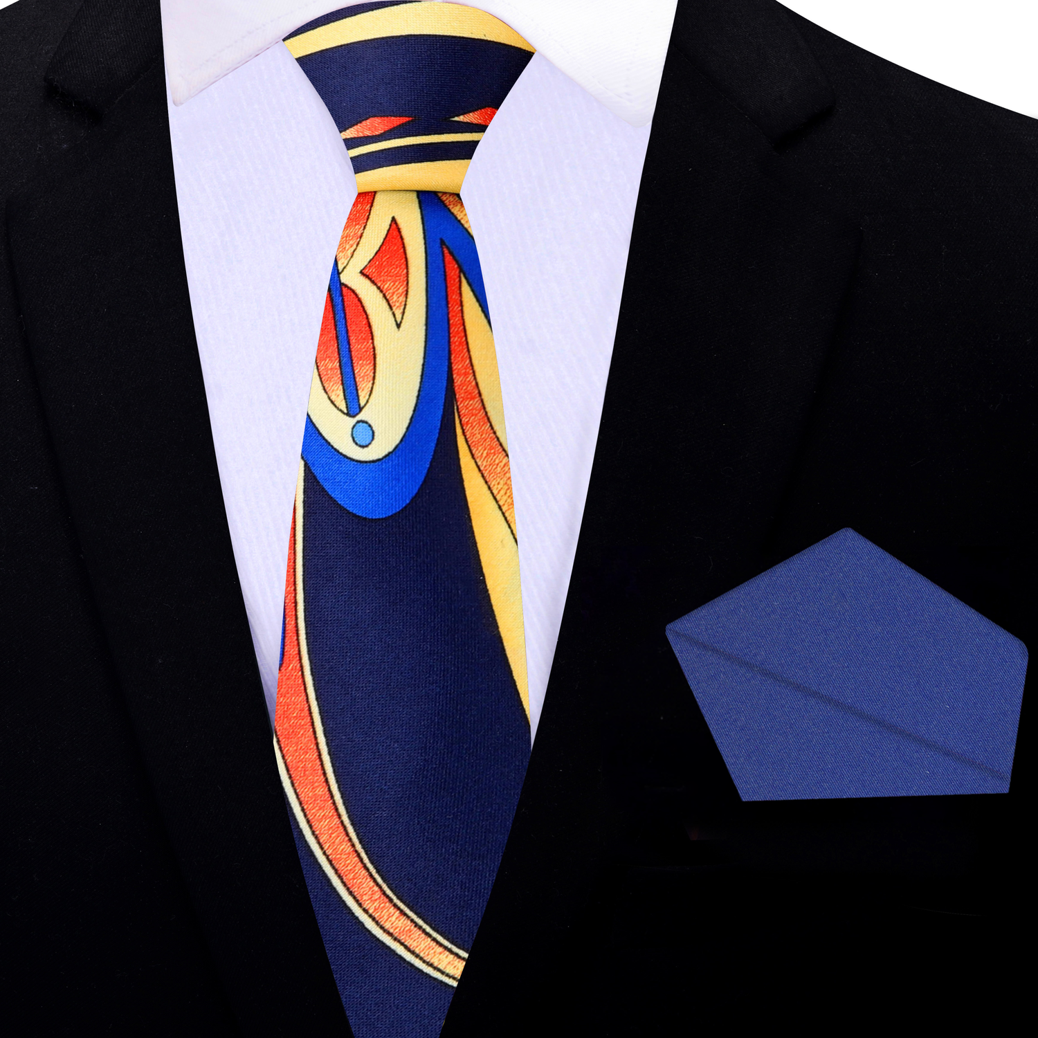 Blue, Yellow, Orange Paisley Thin Tie and Blue Square