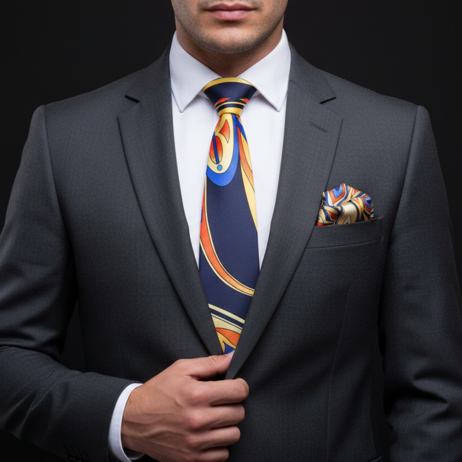Blue, Yellow, Orange Paisley Thin Tie and Matching Square
