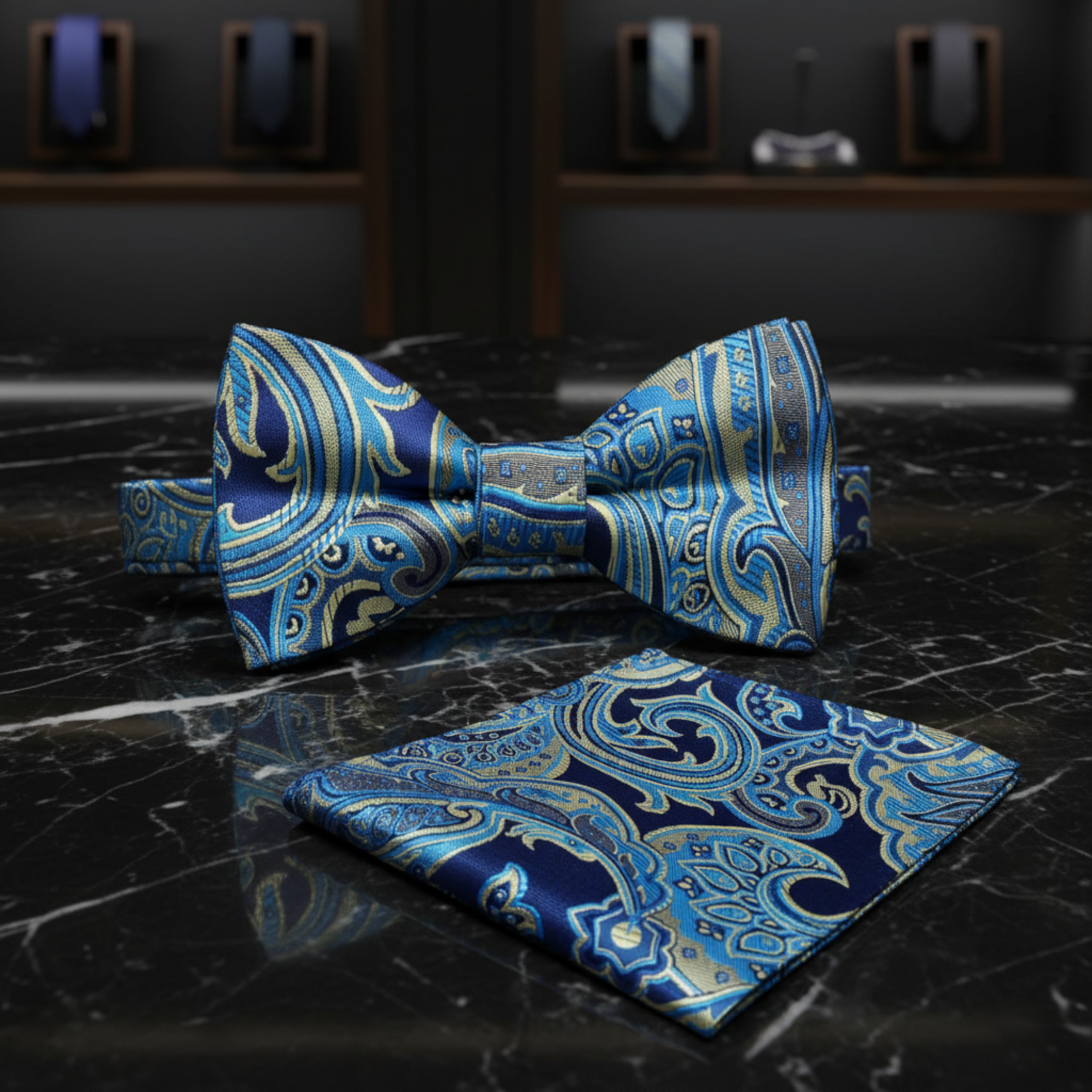 Blue, Yellow Paisley Bow Tie and Square