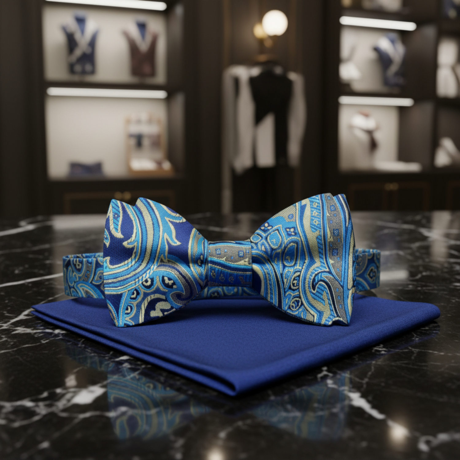 Blue, Yellow Paisley Bow Tie and Accenting Blue  Square