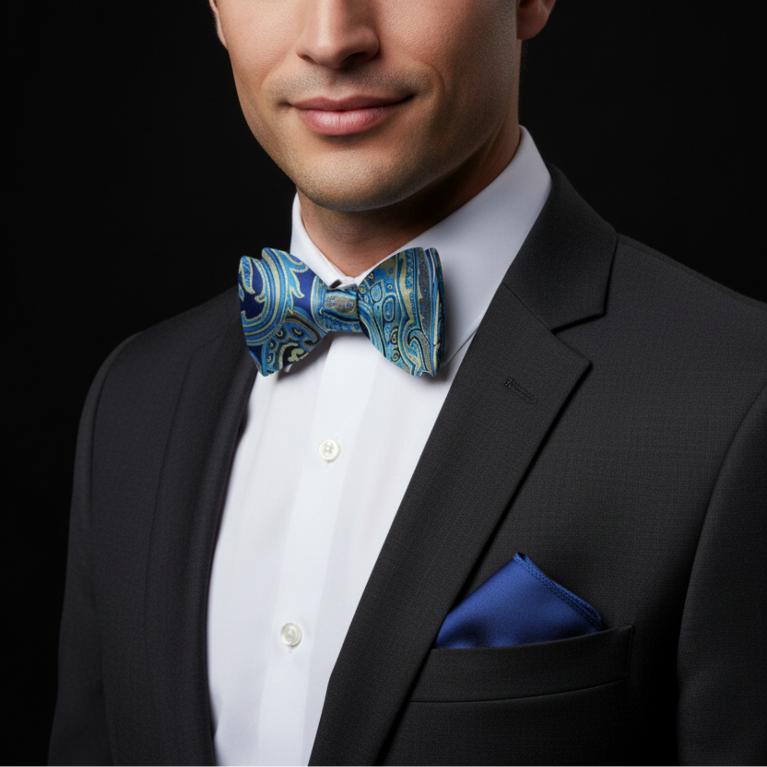 Man wearing a black suit with a blue patterned bow tie and matching pocket square on a black background