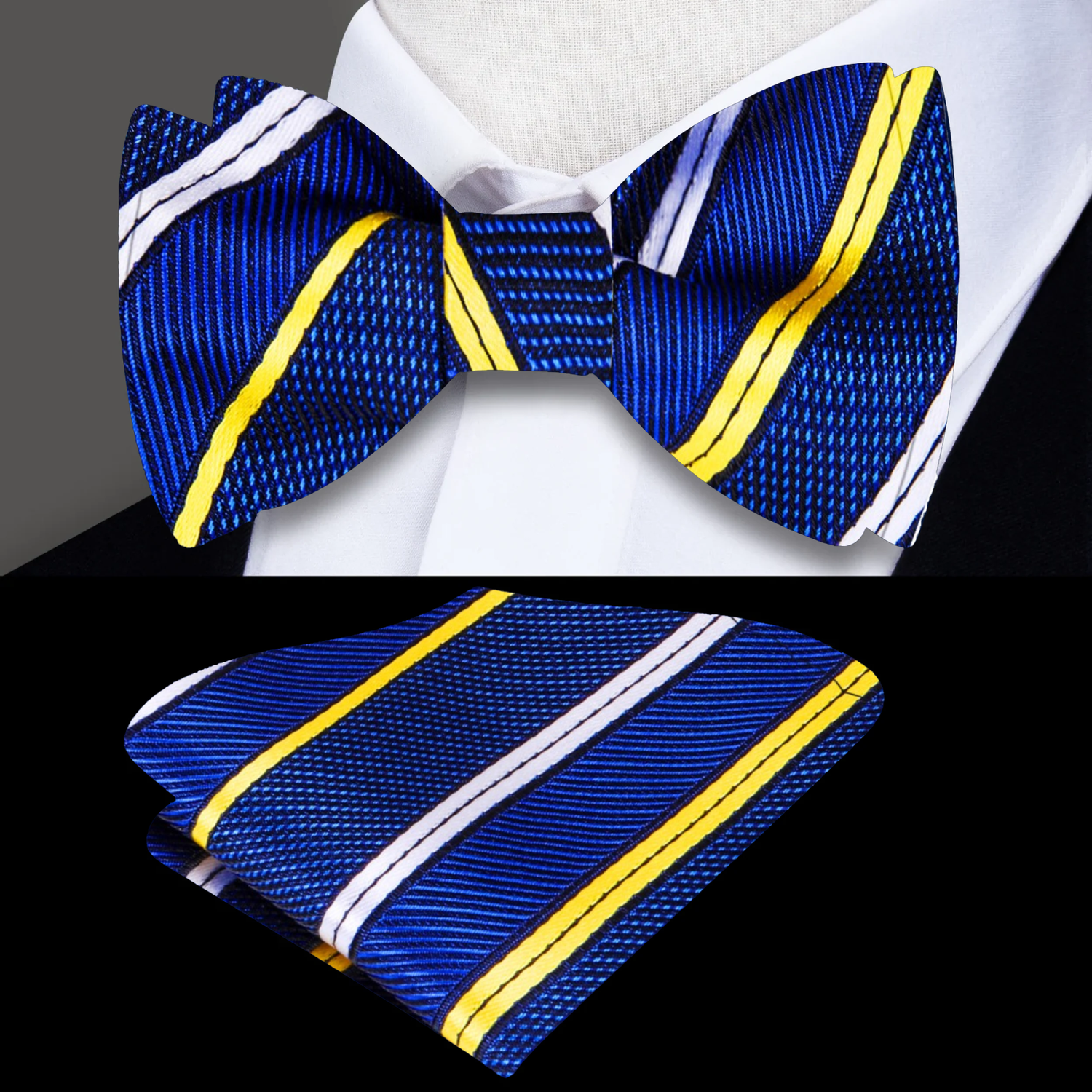 Main View: Blue and Yellow Stripe Bow Tie and Square