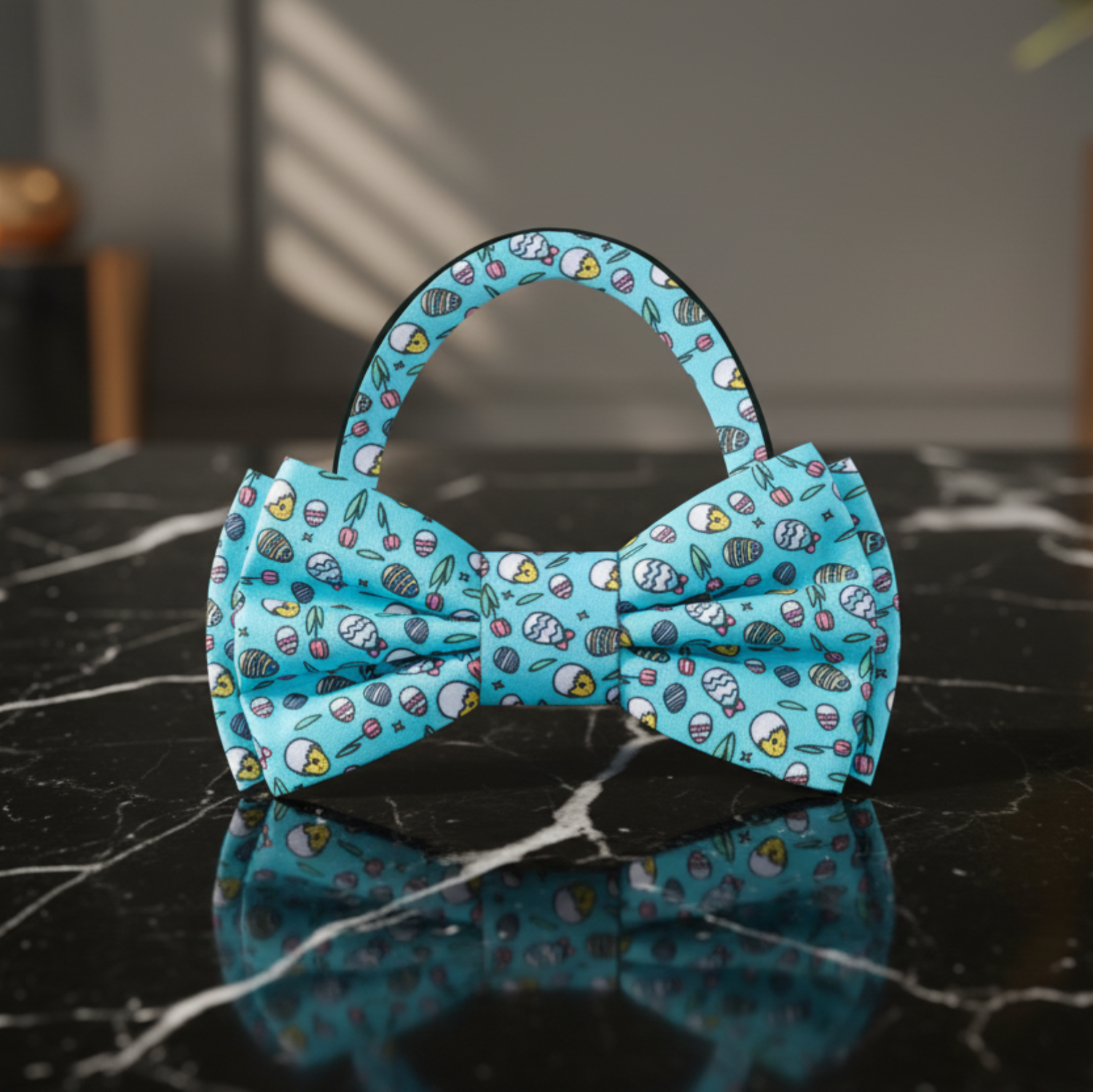 Light Blue Decorated Easter Eggs, Small Chics, Tulips Bow Tie Pre Tied