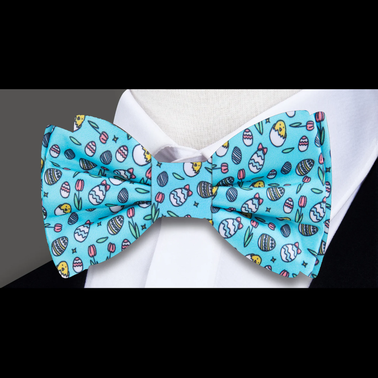 Light Blue Decorated Easter Eggs, Small Chics, Tulips Bow Tie  