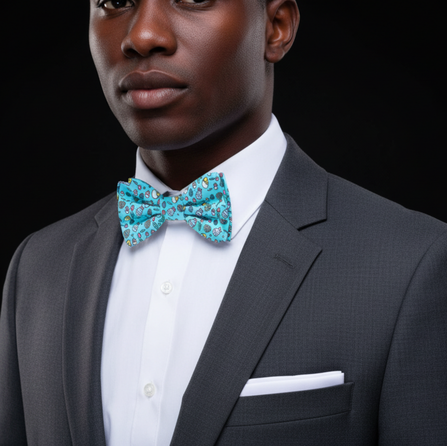 Man wearing light blue Easter bow tie and white square
