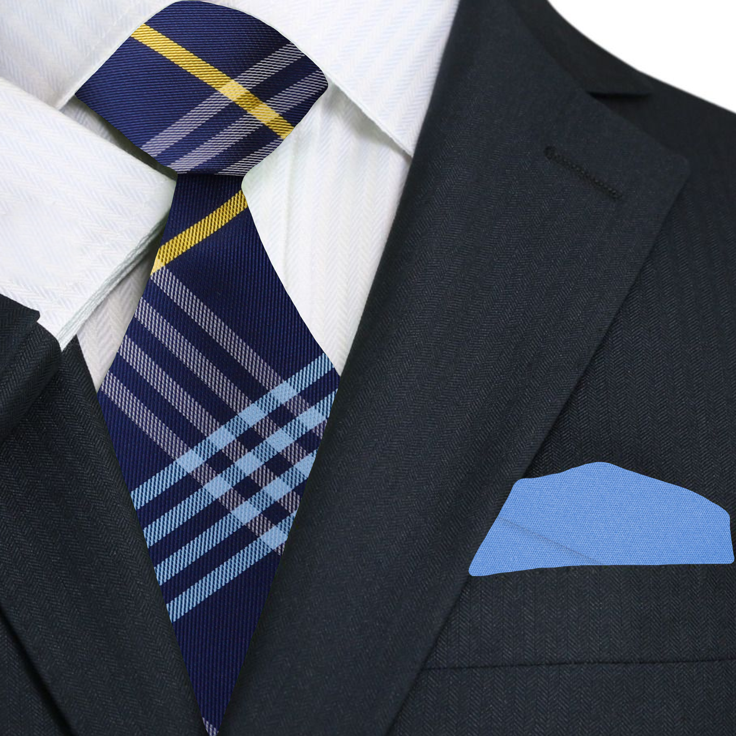 Blue and Yellow Plaid Necktie with Light Blue Square