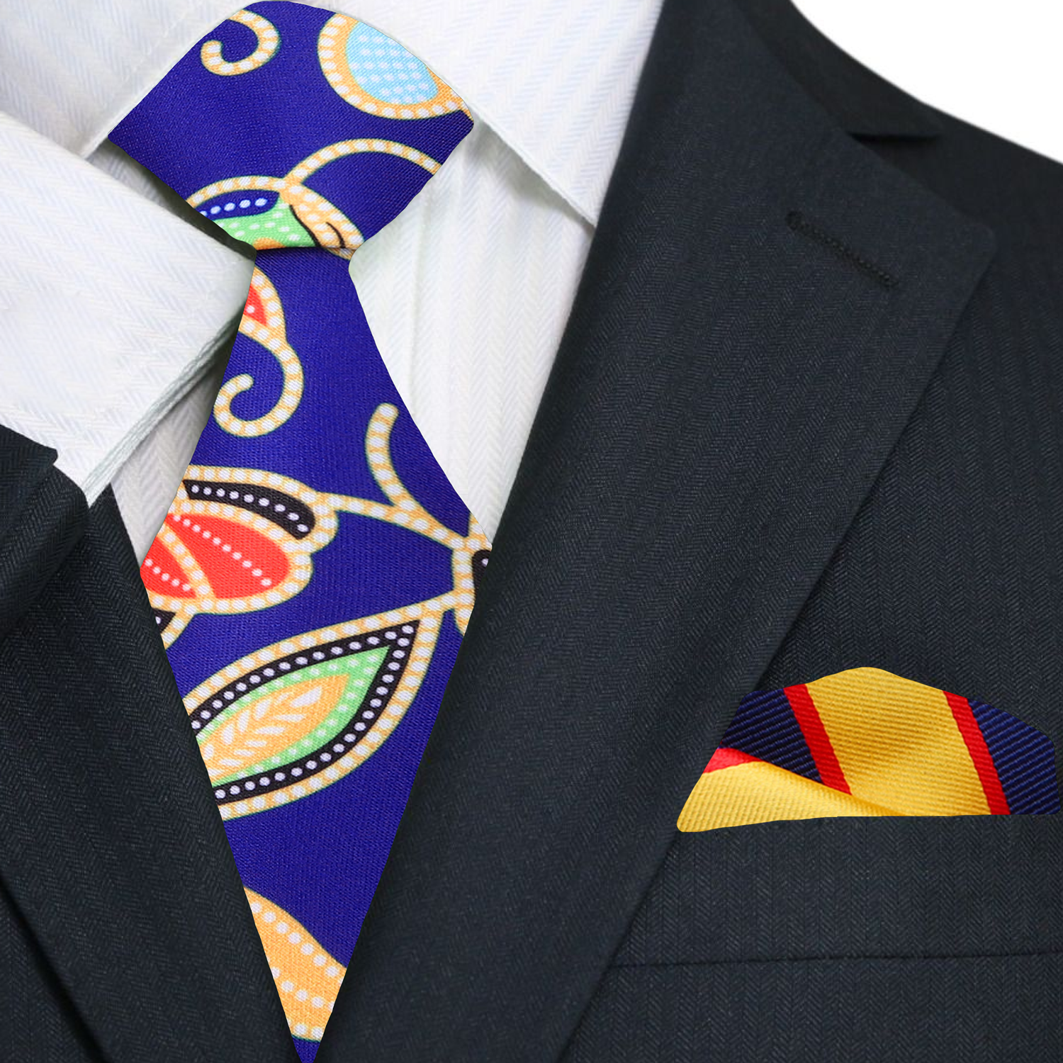 A Dark Blue, Yellow, Red, And Green Abstract Floral Pattern Necktie and Accenting Square