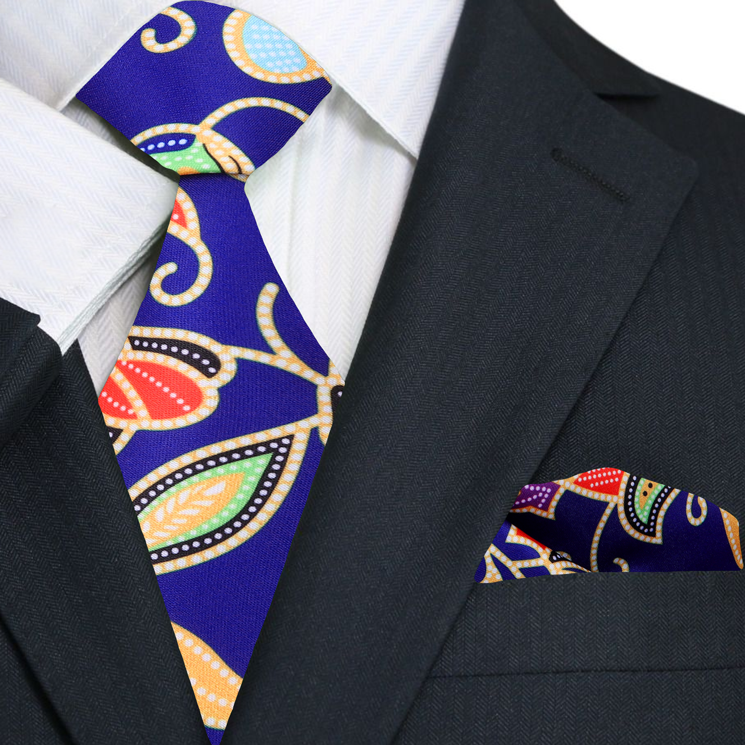 Premium A Dark Blue, Yellow, Red, And Green Abstract Floral Pattern Necktie, Matching Pocket Square