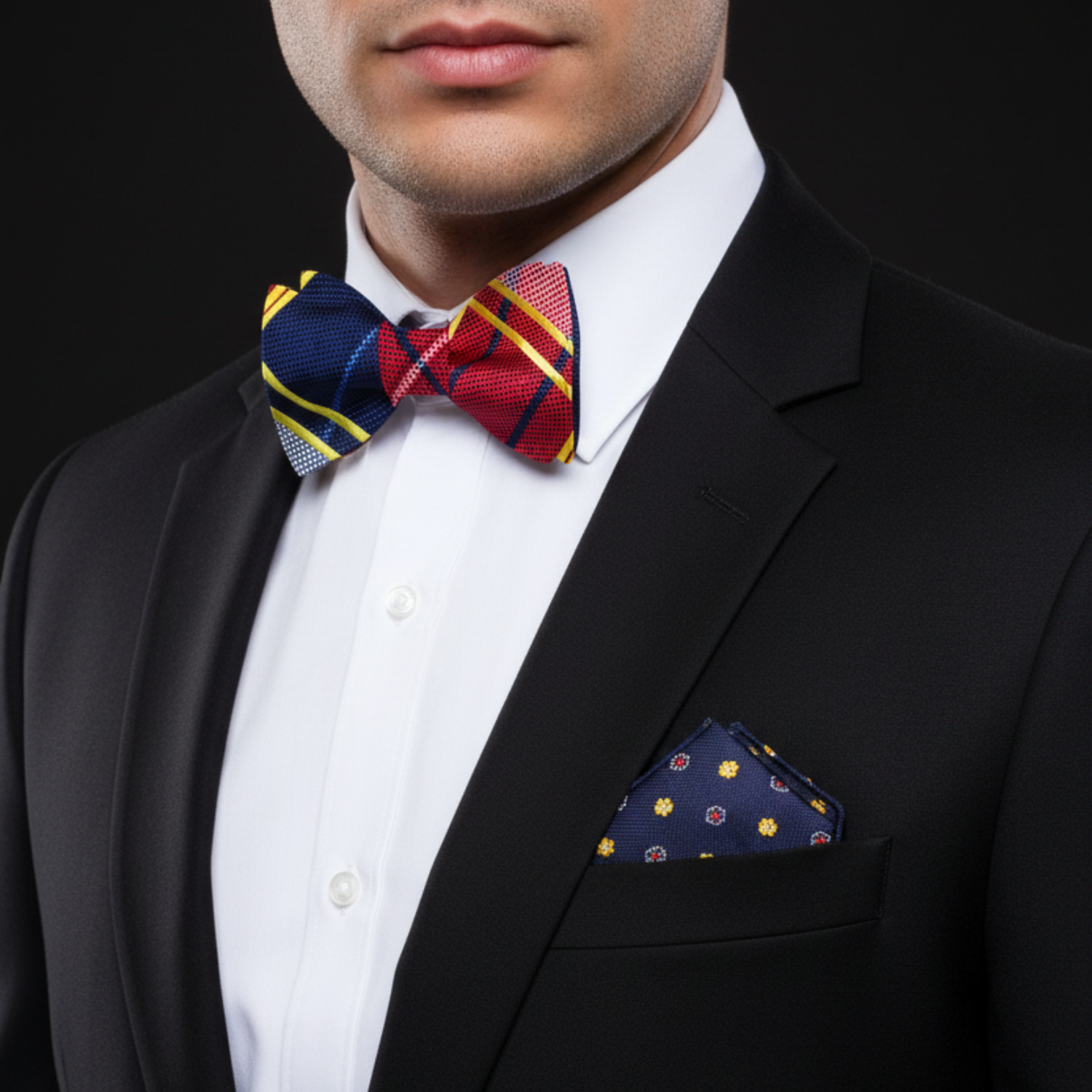 Man wearing a black suit with a colorful bow tie and pocket square on a black background