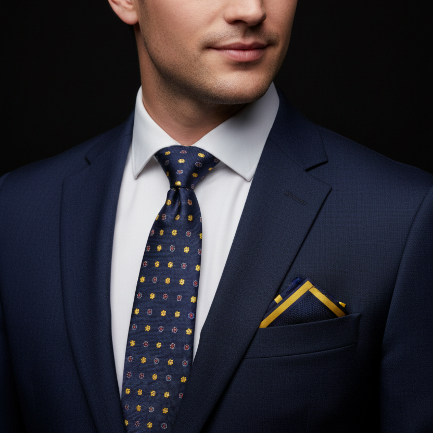 Navy Blue Mini Floral Necktie | Yellow, White & Red Medallion Pattern