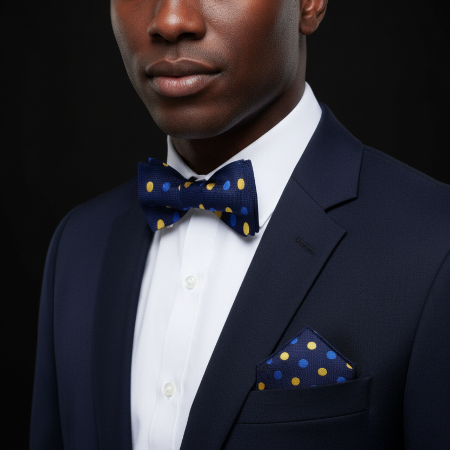 Man wearing a navy suit with a blue polka dot bow tie and pocket square on a black background