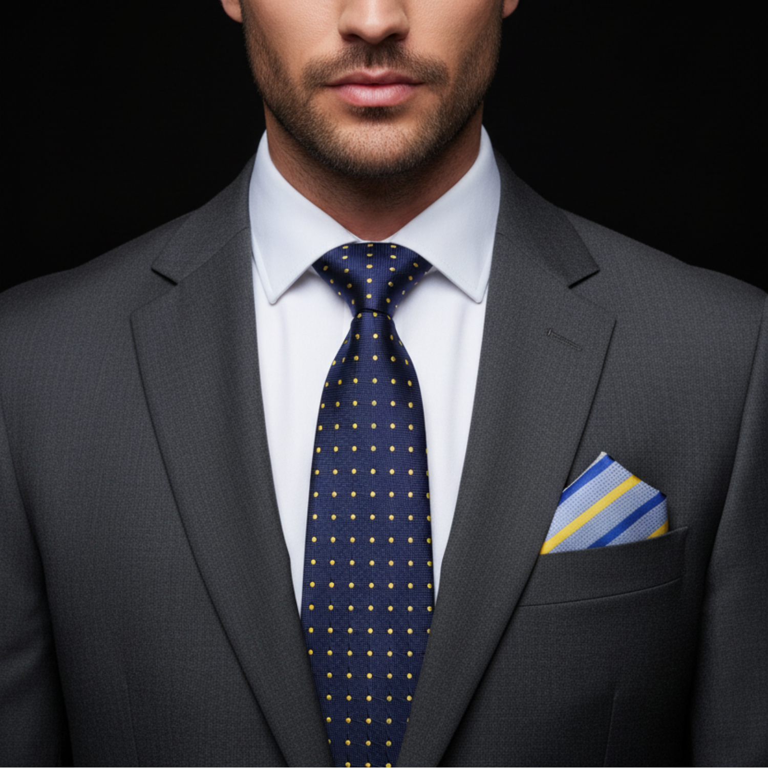 Man wearing a gray suit with a blue polka dot tie and striped pocket square on a black background