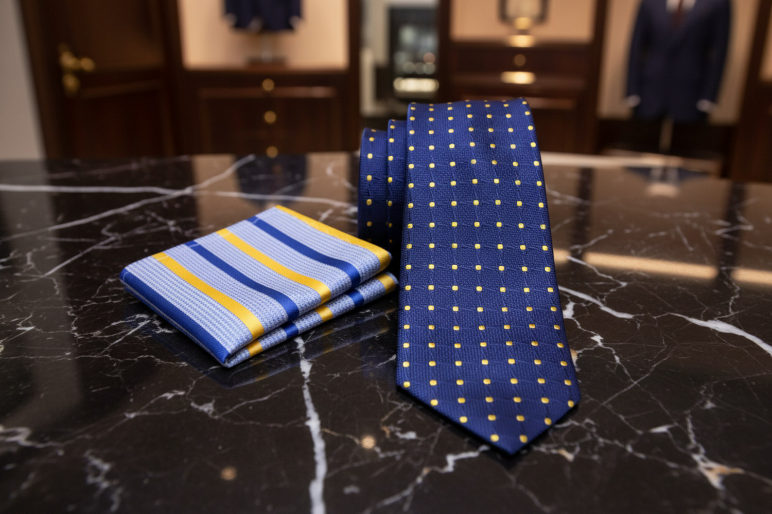 Alt View: Blue, Yellow Geometric/Polka Necktie with Blue and Yellow Stripe Square