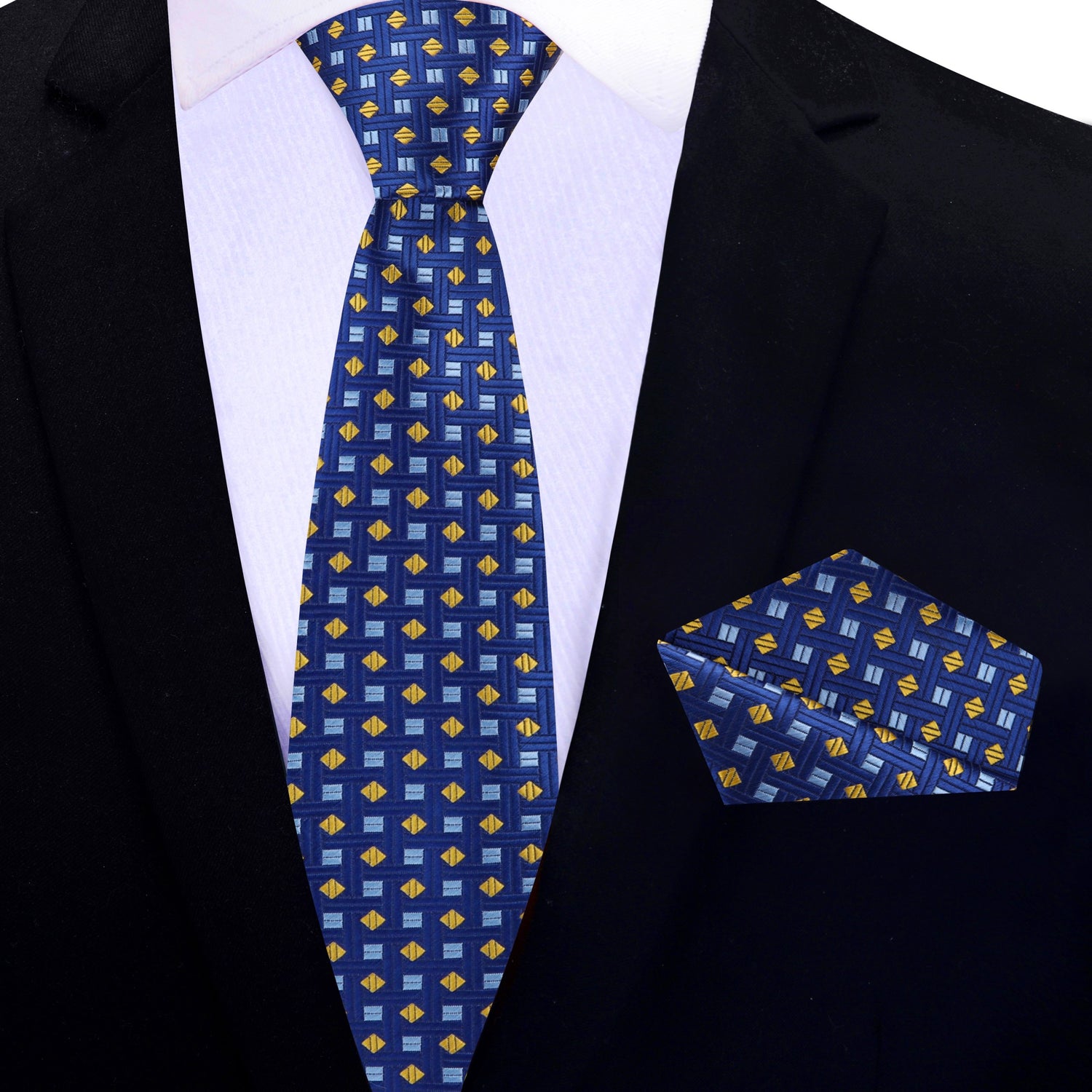 Thin Tie: Blue, Yellow Geometric Tie and Square