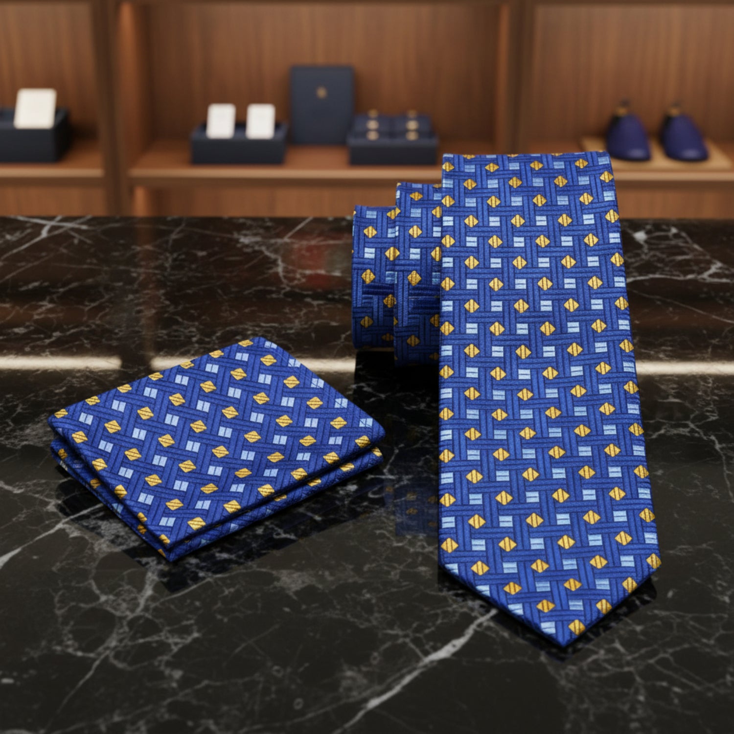 Alt View: Blue, Yellow Geometric Tie and Square
