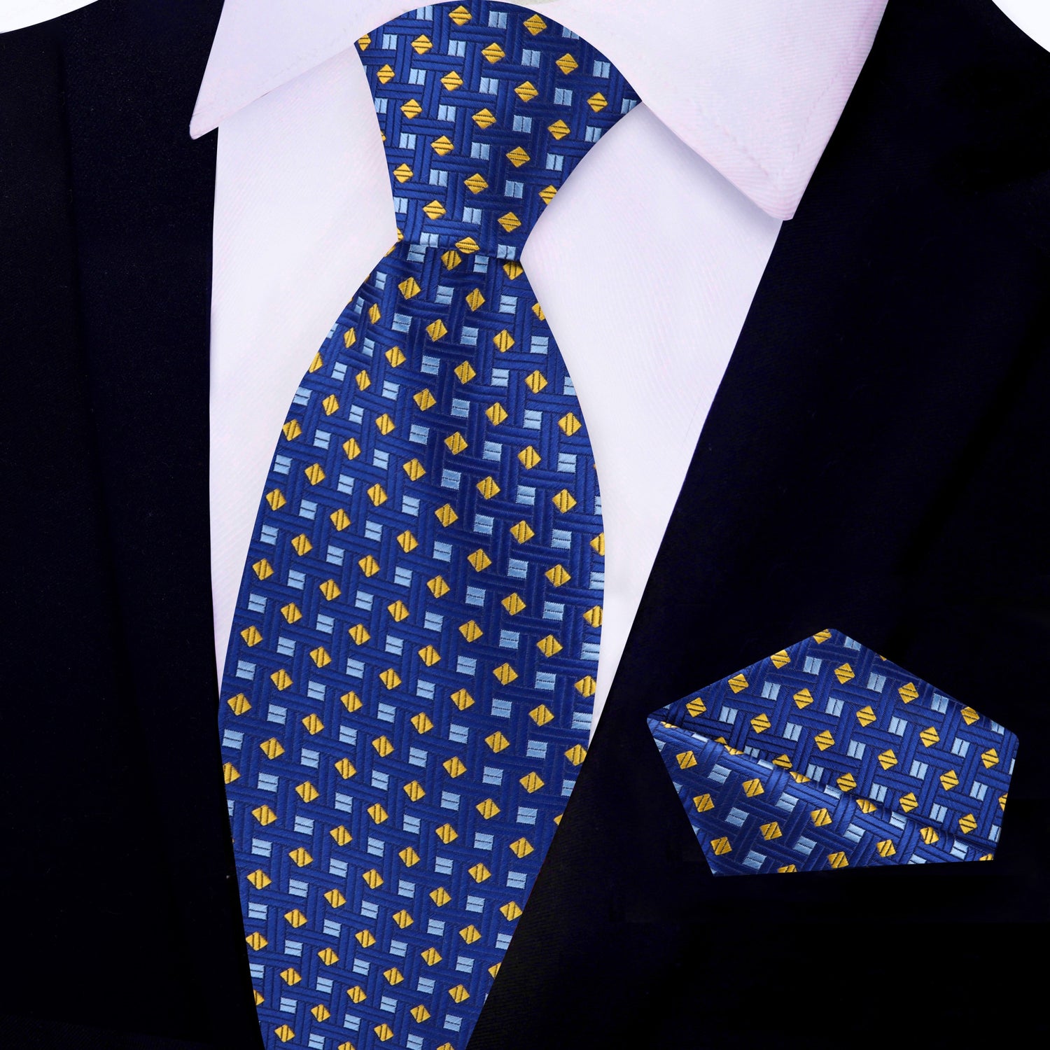 View 2: Blue, Yellow Geometric Tie and Square