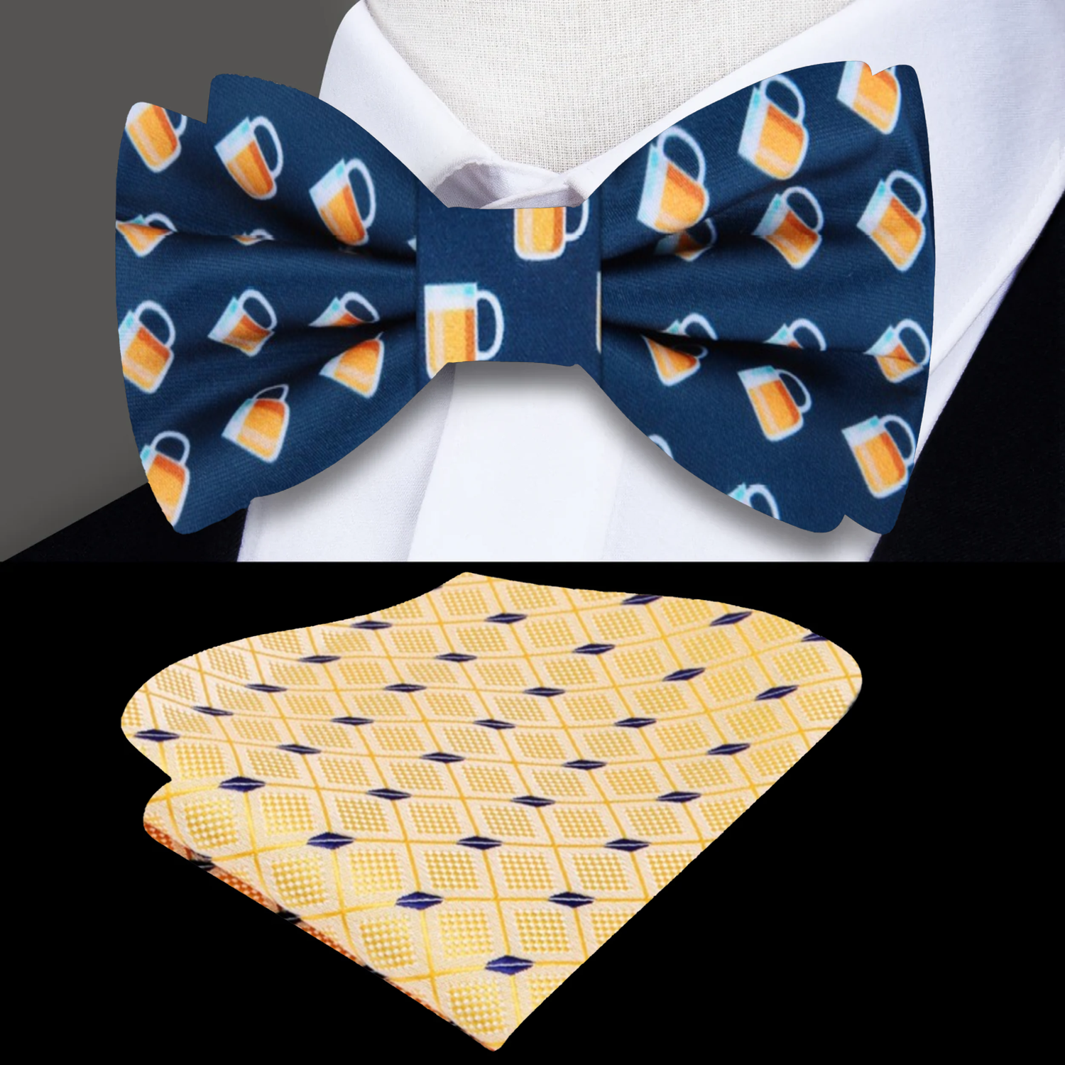 A dark blue bow tie with a golden beer stein pattern displayed on a table.
