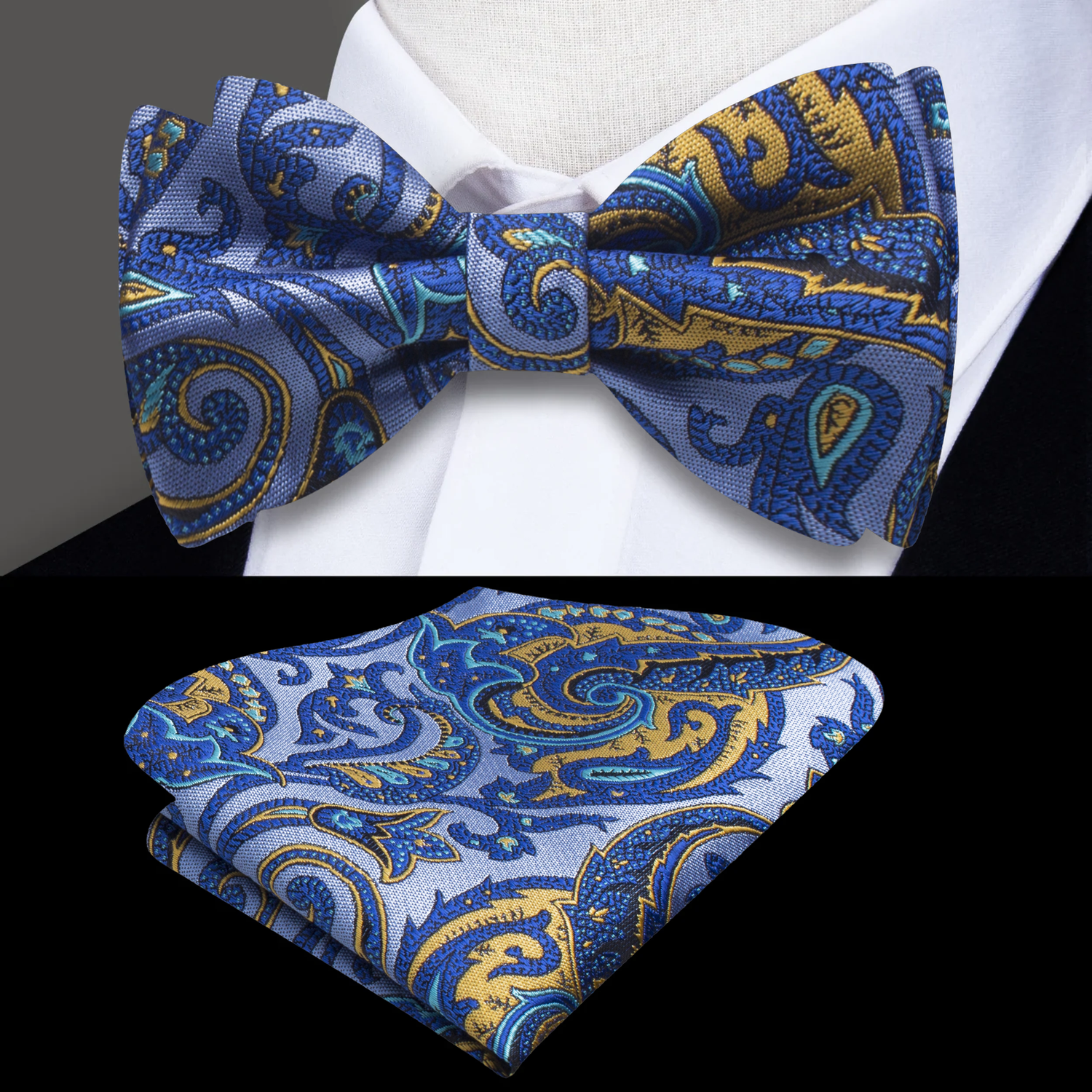 A Blue, Yellow Detailed Paisley Pattern Self Tie Bow Tie, Matching Pocket Square