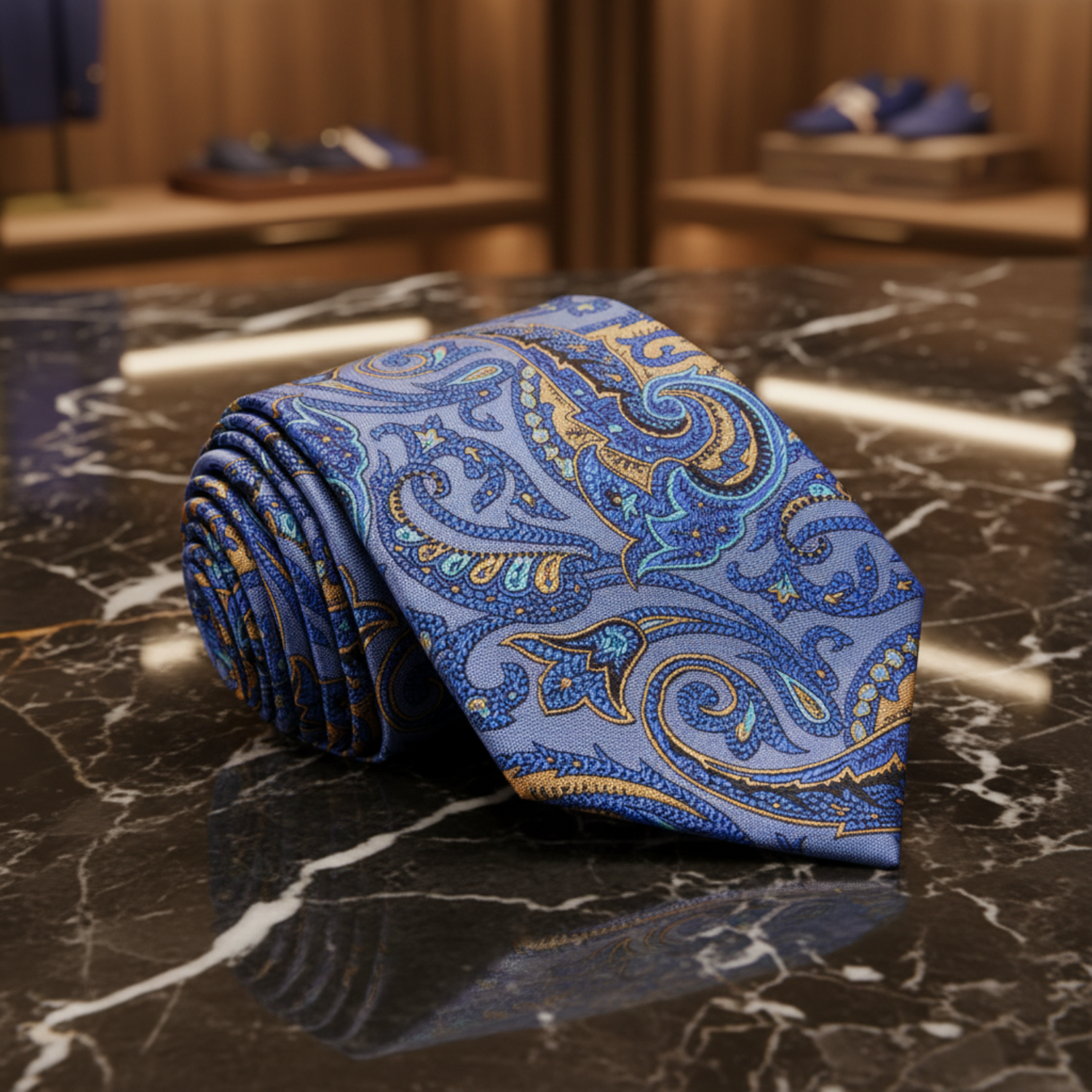 Blue paisley patterned tie 