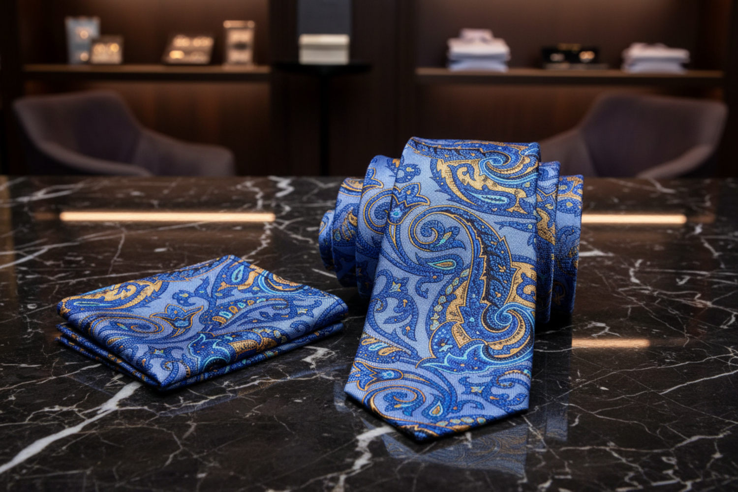 Alt View: Blue, Yellow Paisley Tie and Pocket Square