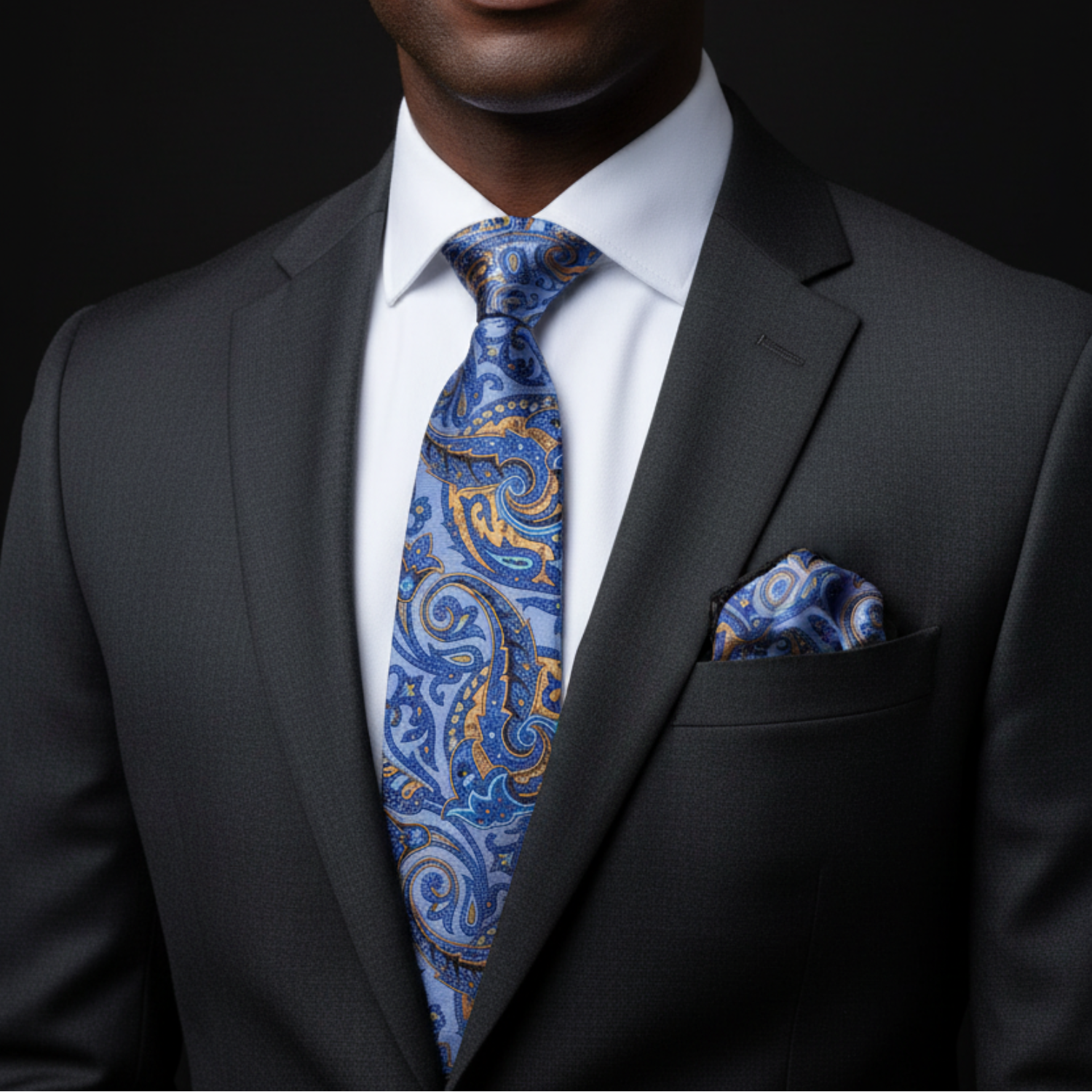 Man wearing a dark suit with a blue and gold paisley tie and pocket square.