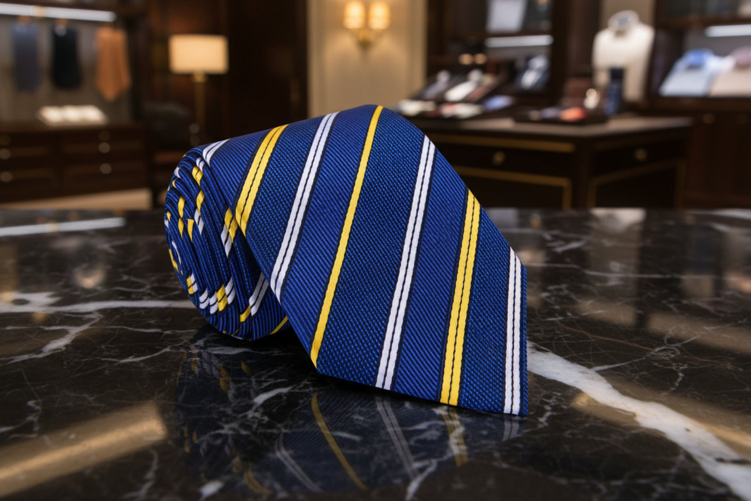 Blue, Yellow Gold and White Stripe Necktie
